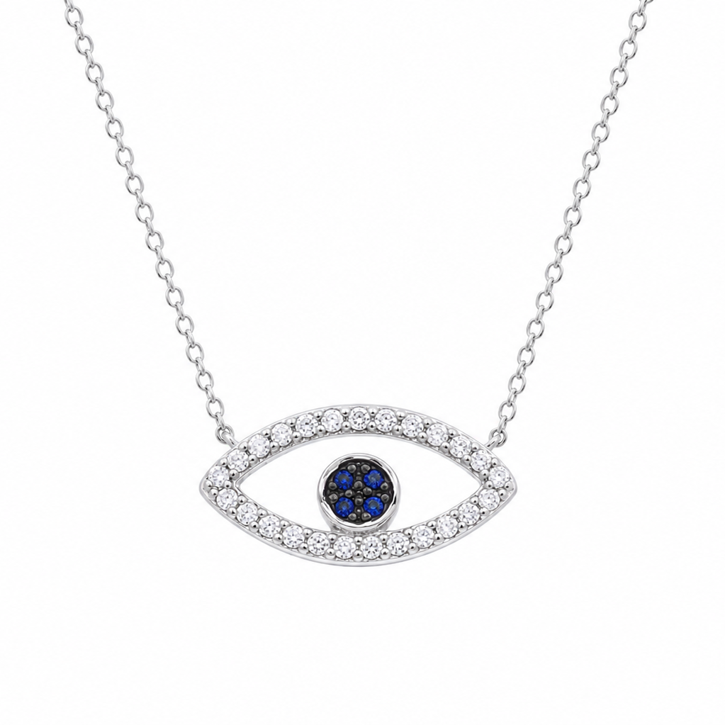 Rhodium Plated 925 Sterling Silver CZ Evil Eye Pendant Necklace - STP01441
