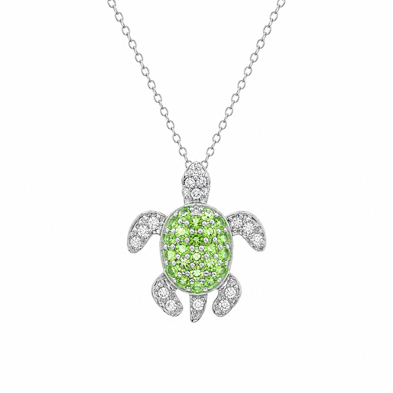 Rhodium Plated 925 Sterling Silver Clear & Green CZ Turtle Pendant Necklace - STP01461