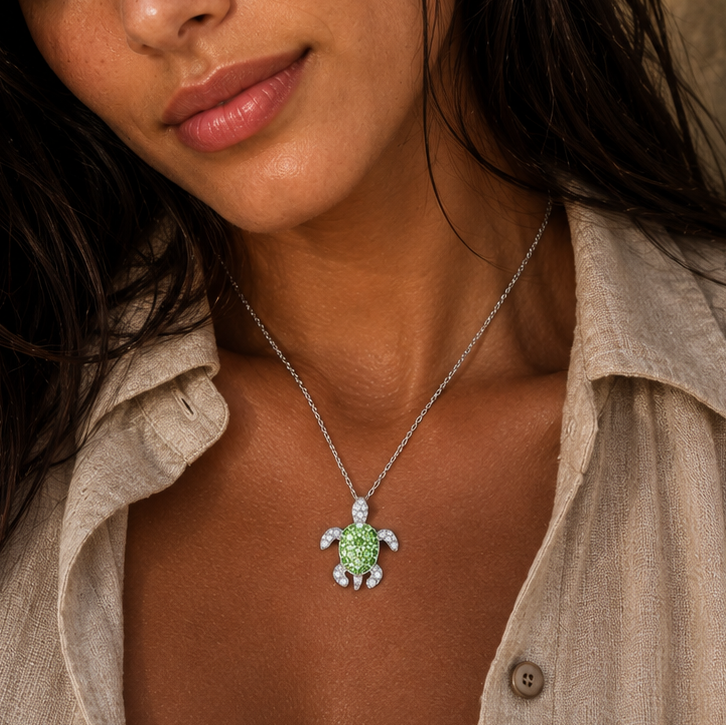 Rhodium Plated 925 Sterling Silver Clear & Green CZ Turtle Pendant Necklace - STP01461