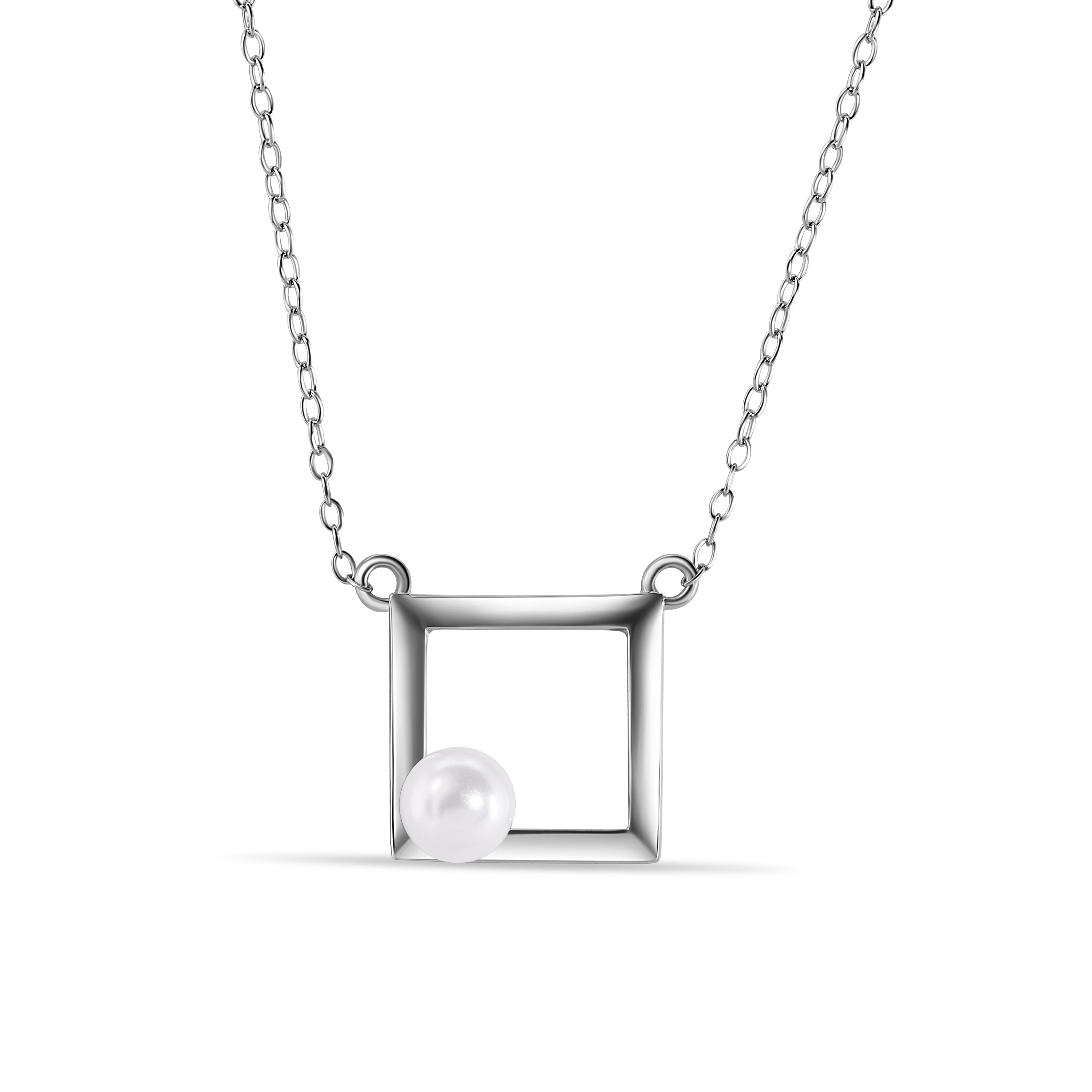 Silver 925 Rhodium Plated Open Square Fresh Water Pearl Necklace - STP01491