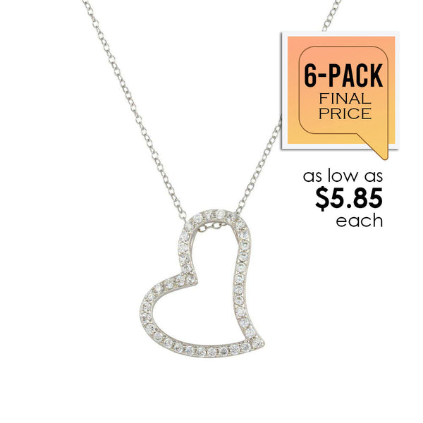 Rhodium Plated 925 Sterling Silver Crooked Heart Necklace with CZ (6/Pk) - STP01498-PX