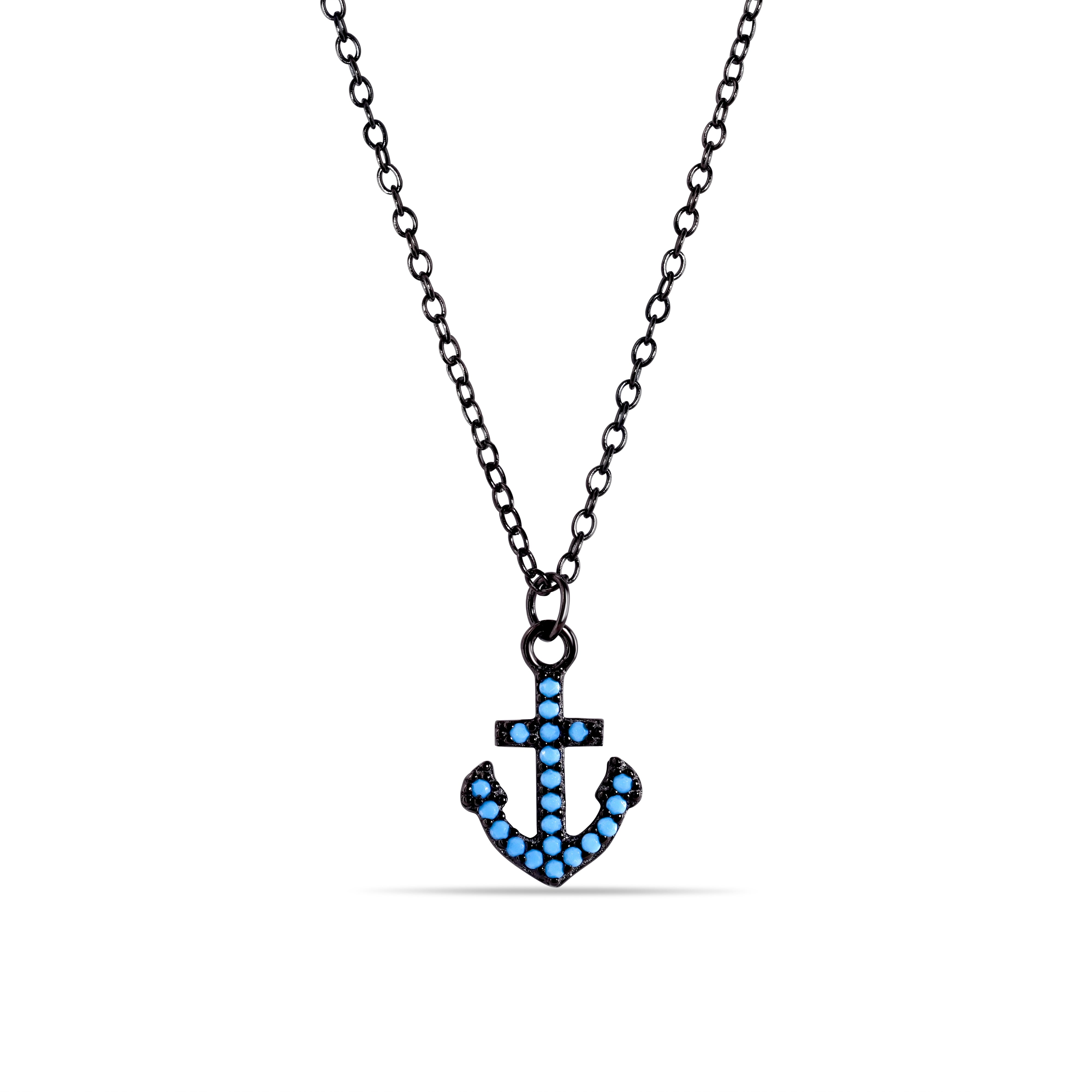 Black Rhodium Plated 925 Sterling Silver Anchor Turquoise Stones Necklace - STP01541BP