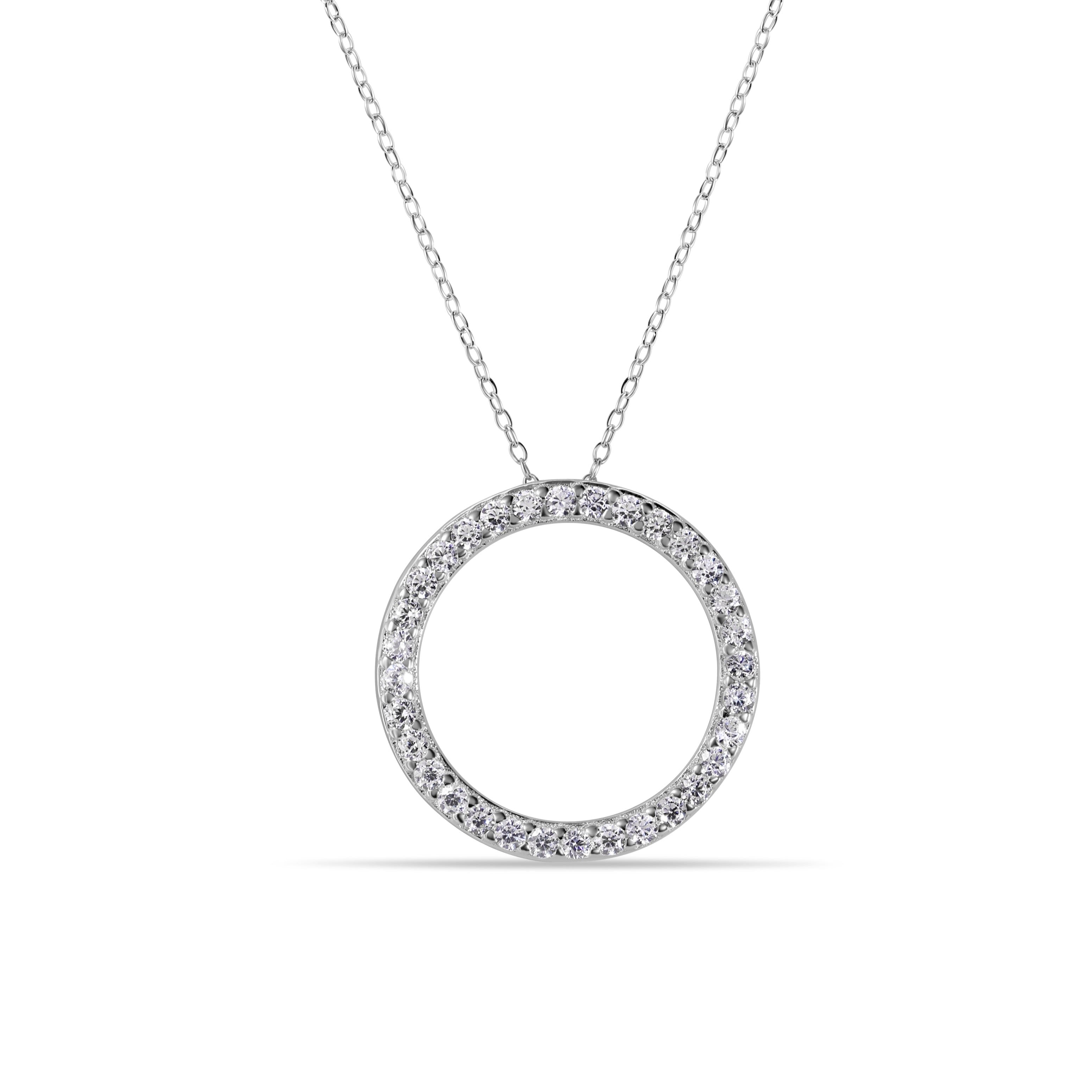Rhodium Plated 925 Sterling Silver Circle Pendant Necklace with CZ - STP01591