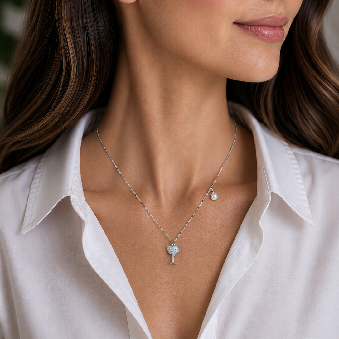 Rhodium Plated 925 Sterling Silver Wine Glass Pendant Necklace with CZ and Synthetic Pearl - STP01654