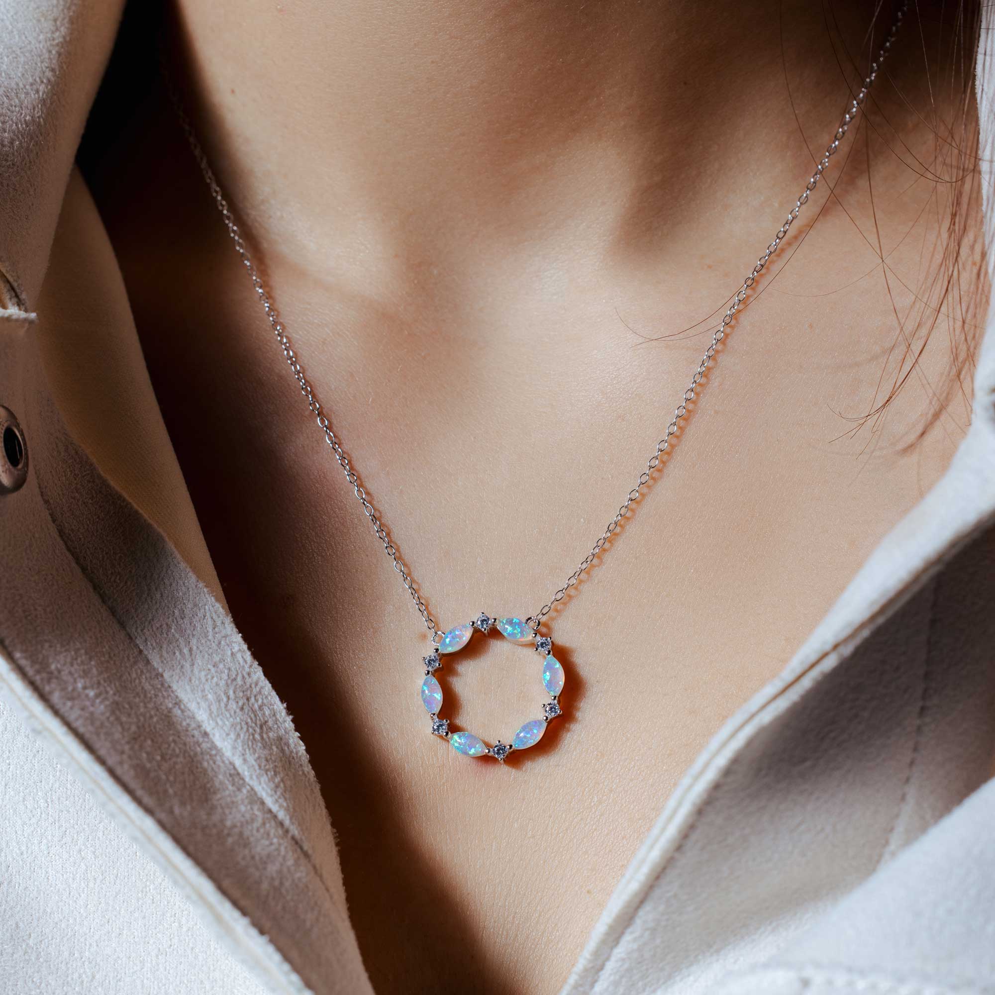 Rhodium Plated 925 Sterling Silver Open Circle Pendant with CZ and Synthetic Opal - STP01681RH