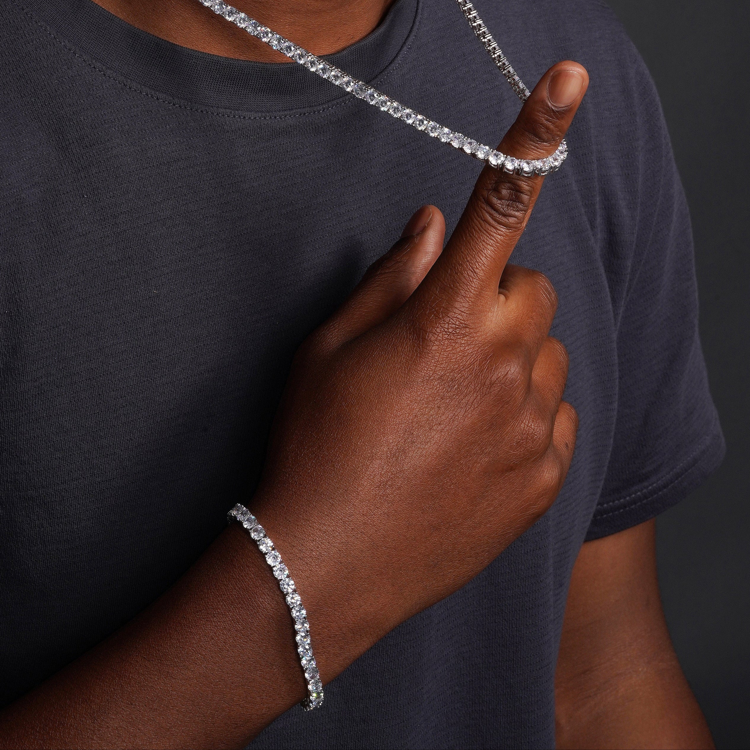 Collar y pulsera de tenis de plata de ley 925 rodiada con circonitas redondas de 5 mm - STP01708
