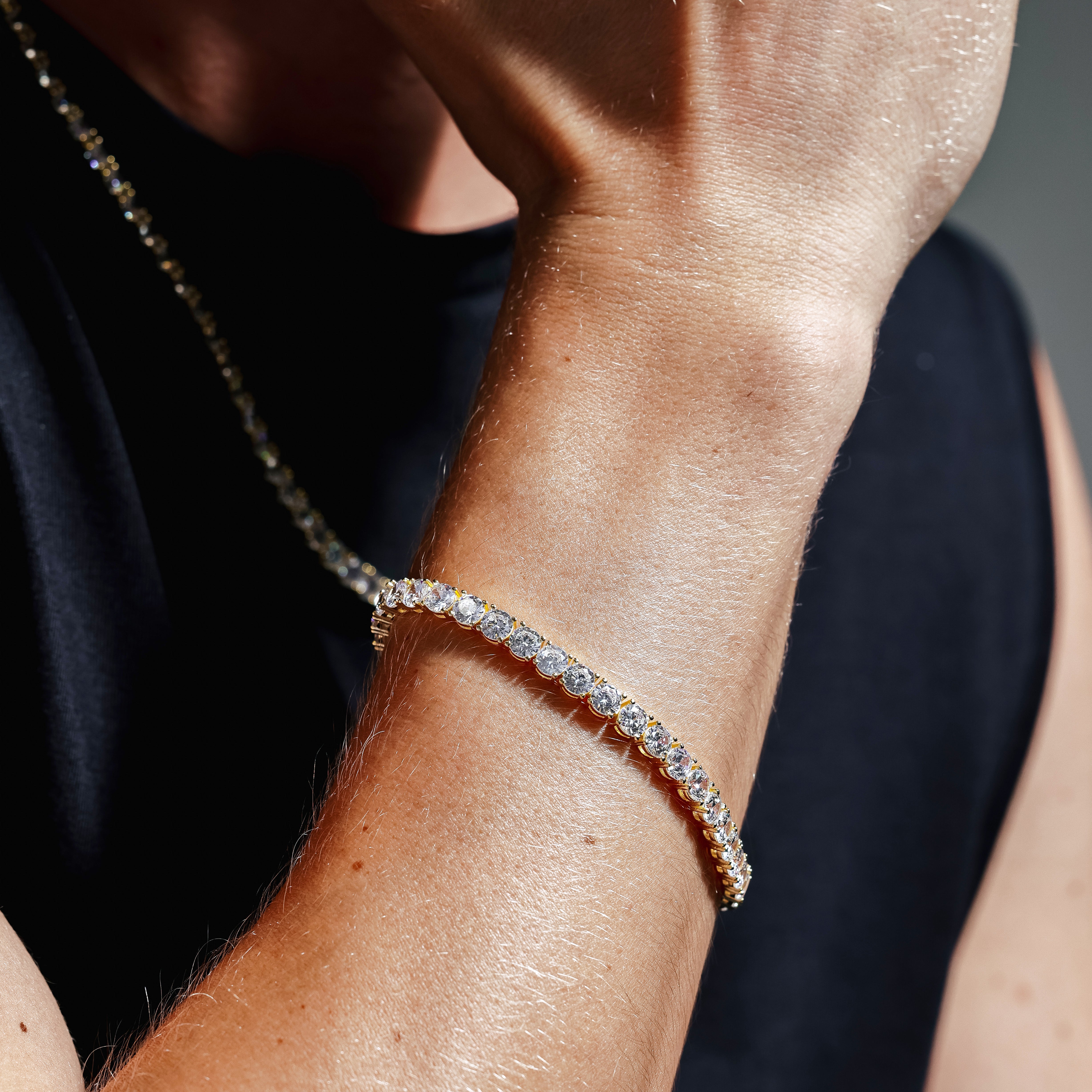 Cadena y pulsera de eslabones redondos de circonita cúbica de 5 mm en plata de ley 925 bañada en oro - STP01708 GP