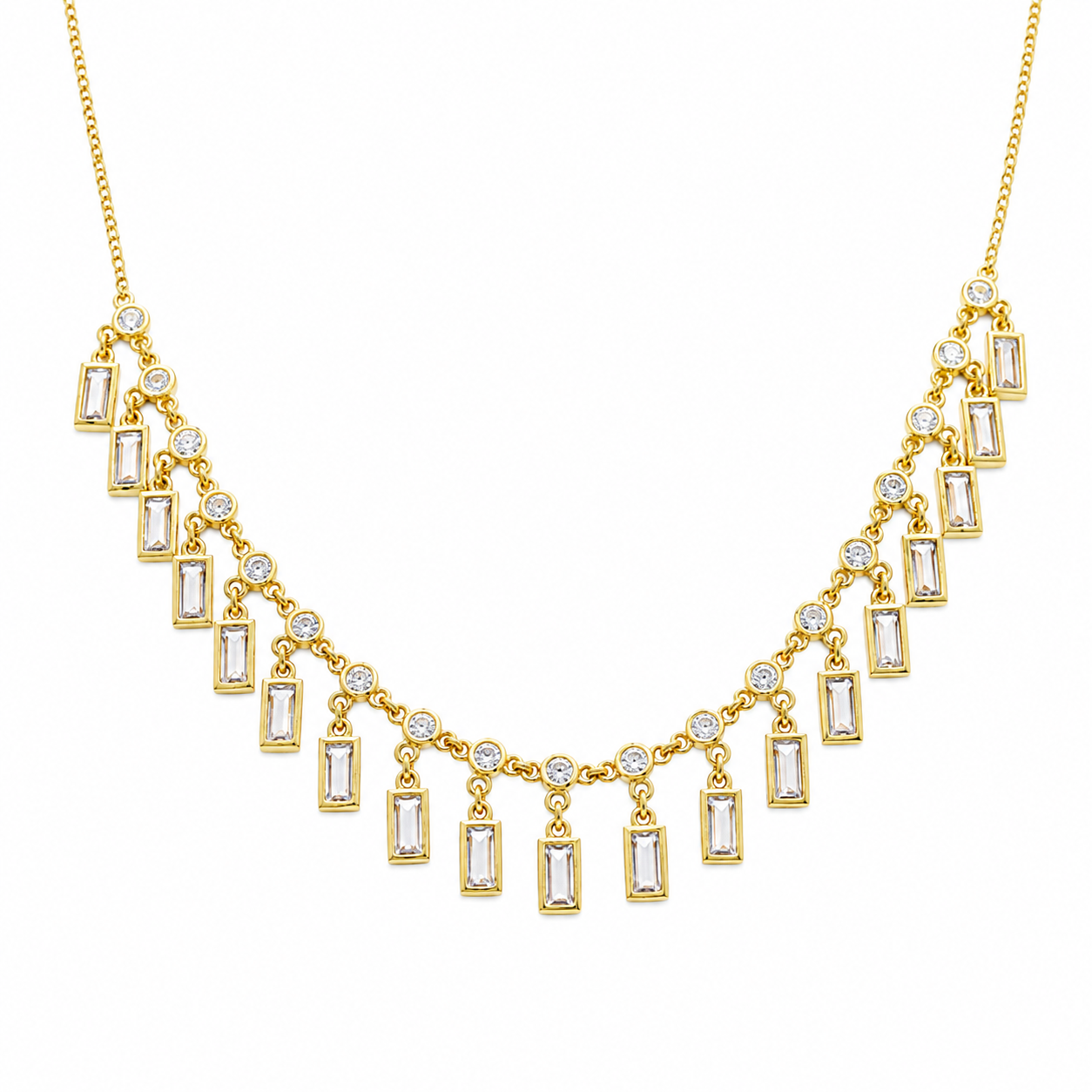 925 Sterling Silver Dangling Baguette and Round CZ Cascading Fringe Necklace - STP01812