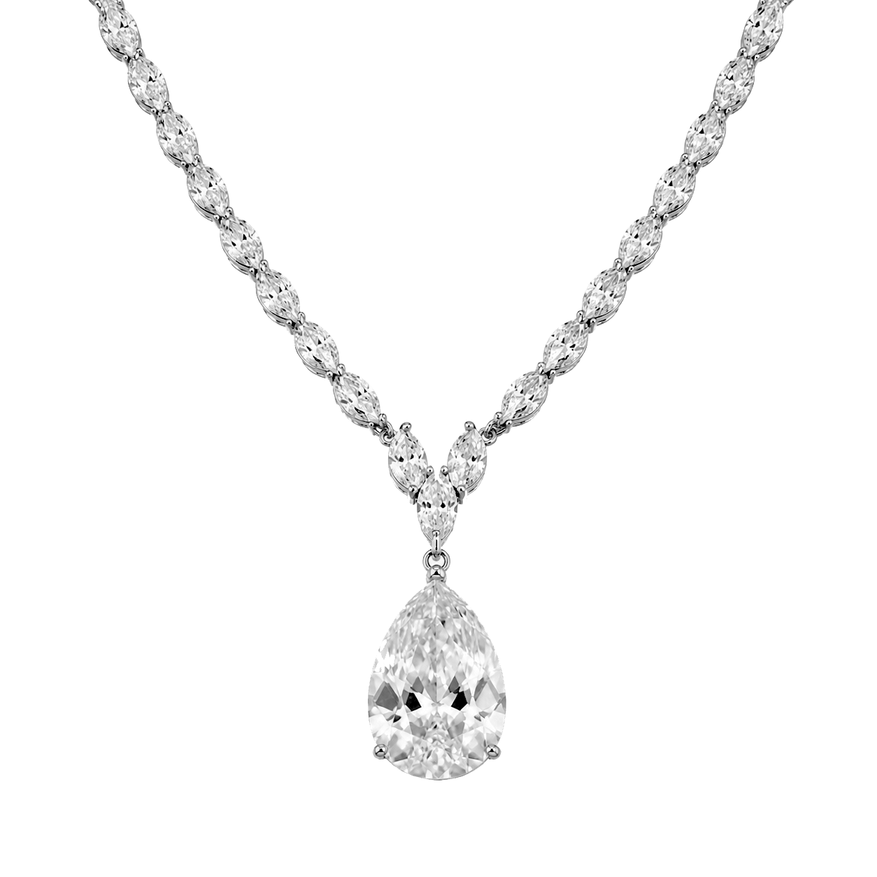 Rhodium Plated 925 Sterling Silver Teardrop Round and Oval Clear CZ Bridal Necklace - STP01837