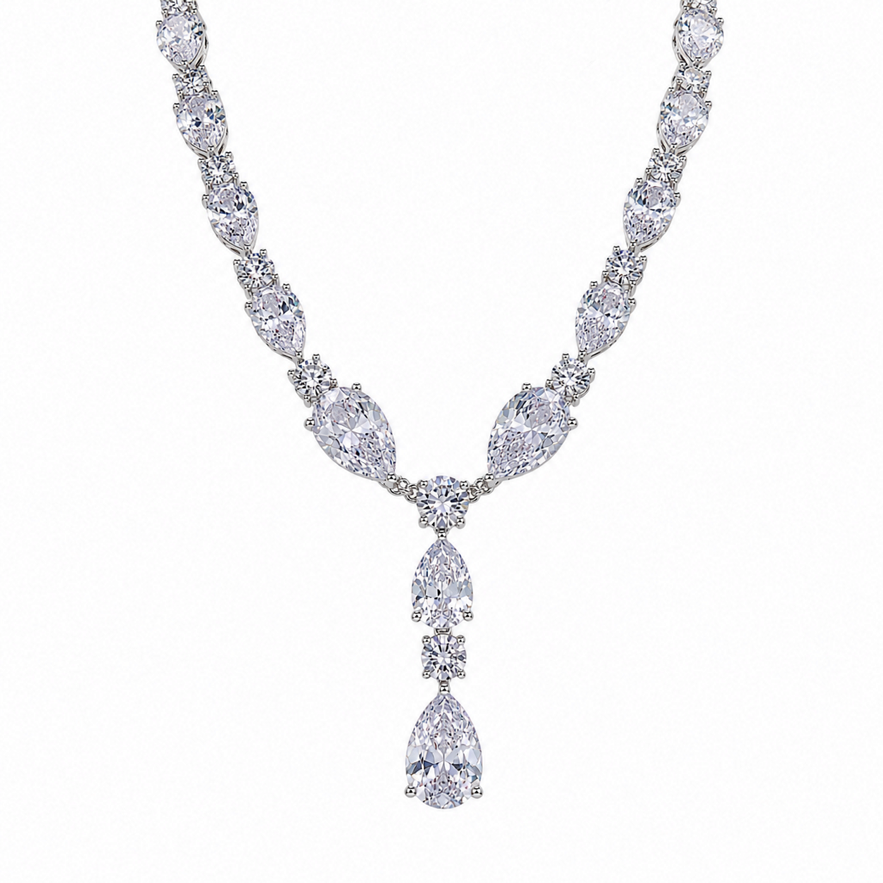 Rhodium Plated 925 Sterling Silver CZ Chunky Tear Drop Bridal Necklace- STP01850
