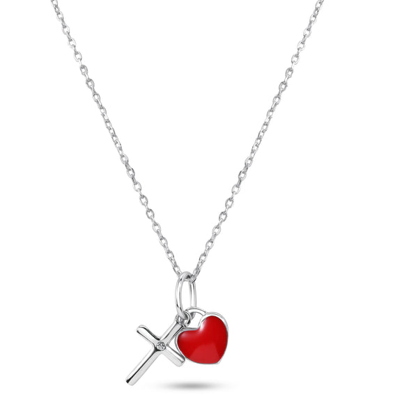 Rhodium Plated 925 Sterling Silver Cross Red Enamel Heart Pendant Necklace - STP01853