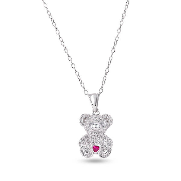 Rhodium Plated 925 Sterling Silver Bear Heart Red and Clear CZ Pendant Necklace - STP01858