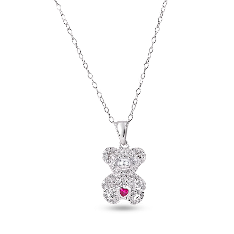 Rhodium Plated 925 Sterling Silver Bear Heart Red and Clear CZ Pendant Necklace - STP01858