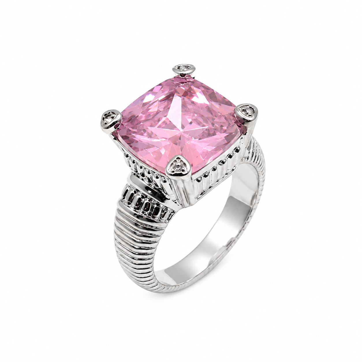 Clearance-Rhodium Plated 925 Sterling Silver Cusion Colored CZ Cocktail Ring- STR00146