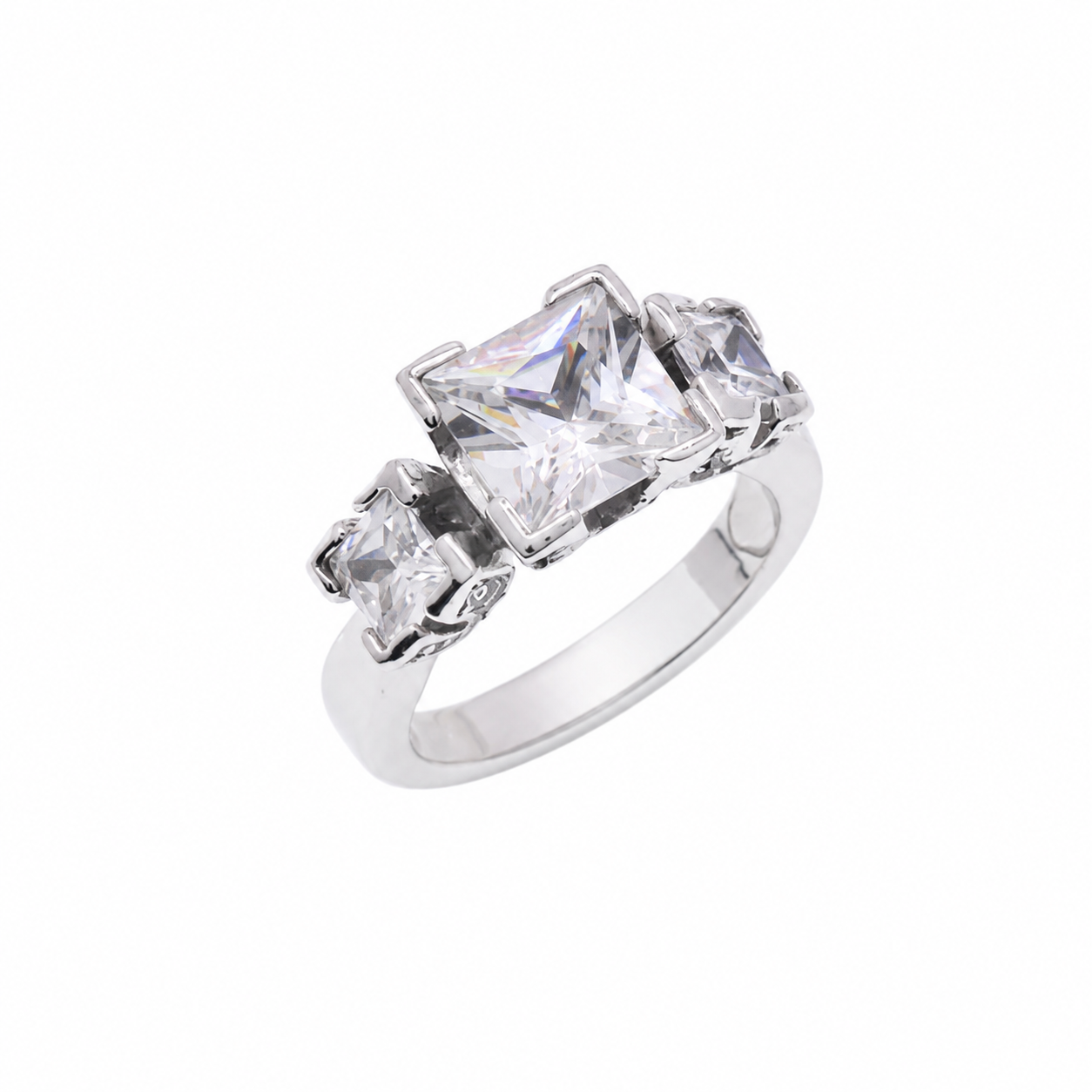 Clearance-Rhodium Plated 925 Silver Princess Cut CZ Past Present Future Bridal Ring - STR00201