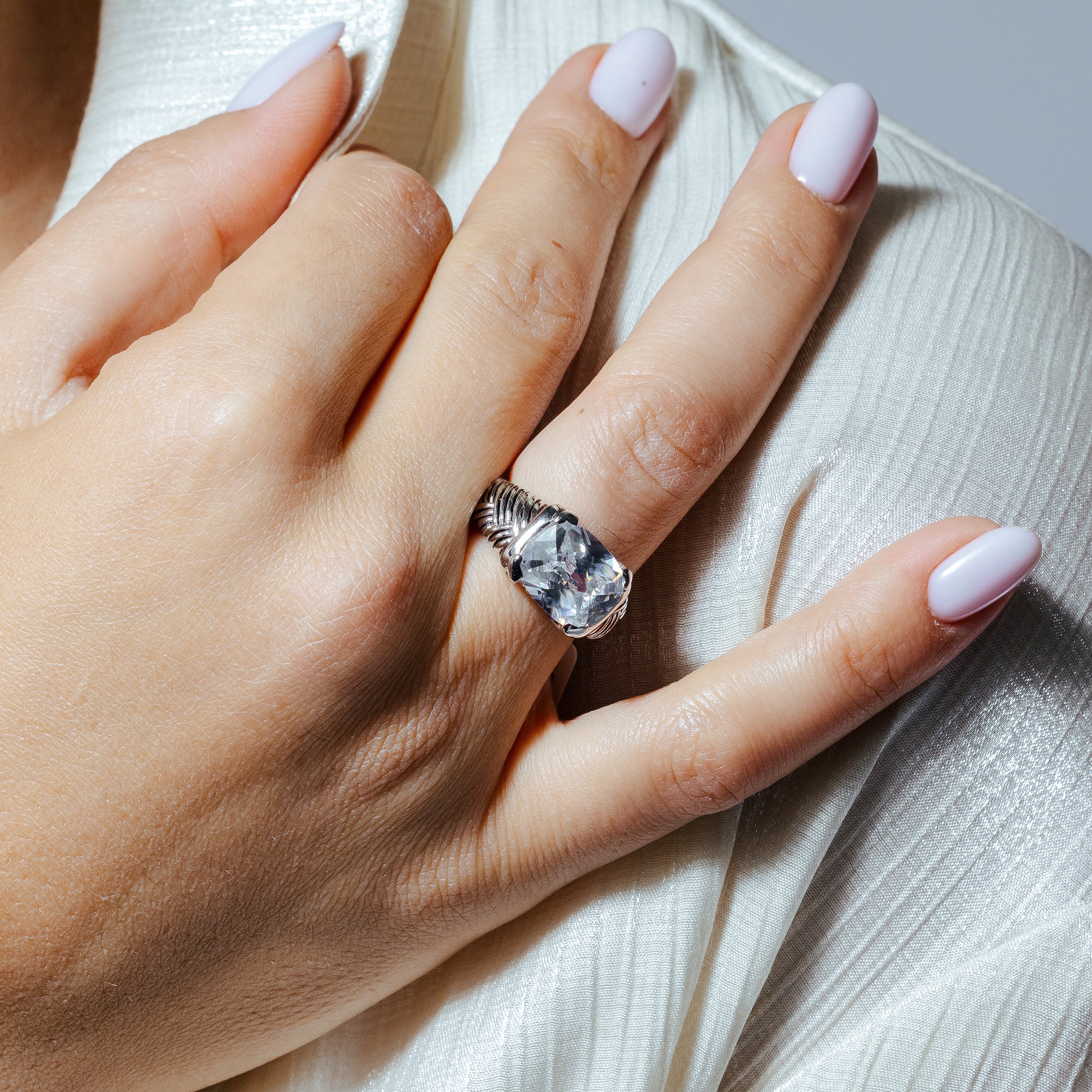 Clearance-Silver 925 Rhodium Plated Clear CZ Center Striped Ring - STR00202CLR