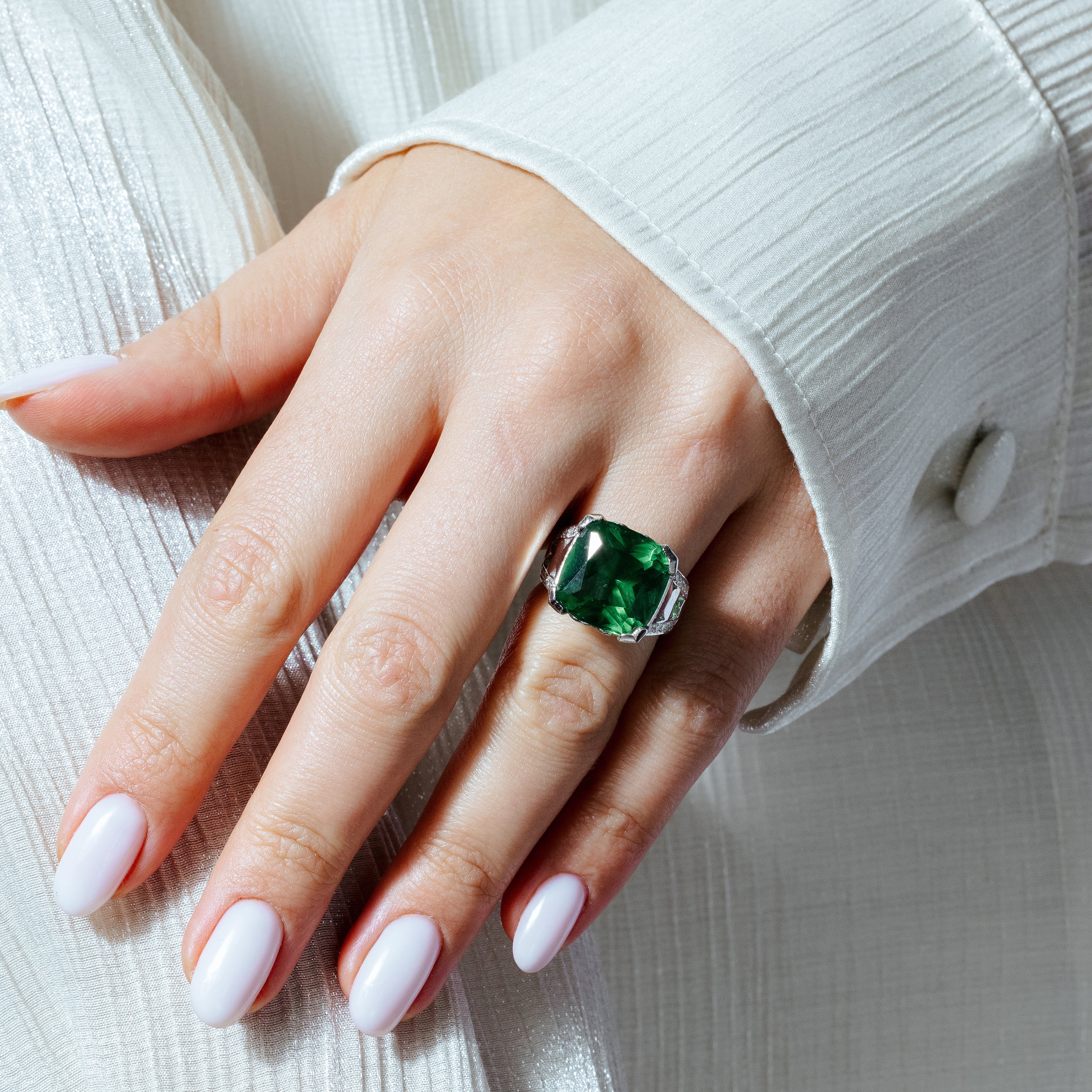 Clearance - Silver 925 Rhodium Plated Green Square CZ Ring - STR00302