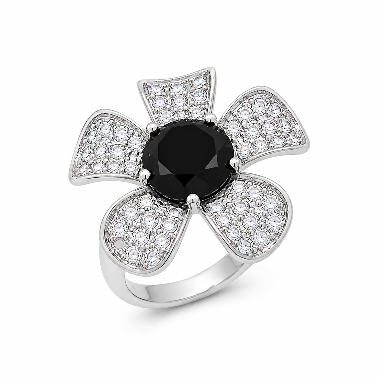 Liquidación - Anillo de plata 925 rodiada con centro negro y pavé de circonitas cúbicas transparentes - STR00490