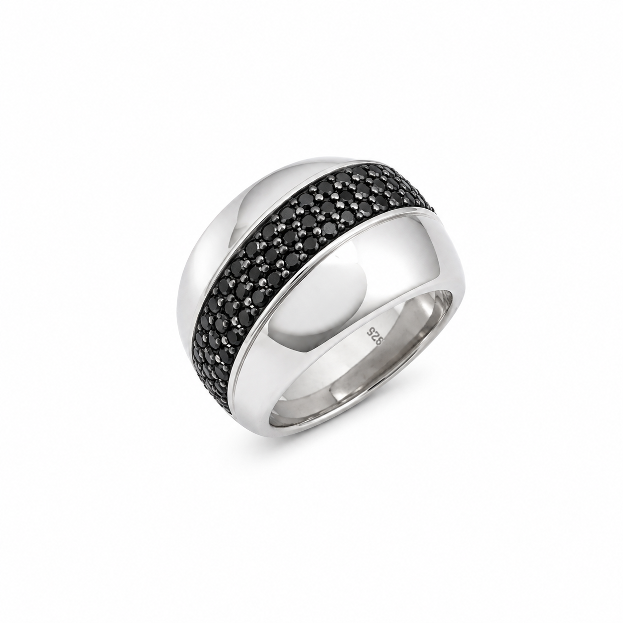 Clearance - Rhodium Plated 925 Silver Black Diagonal Inlay Dome Ring - STR00497