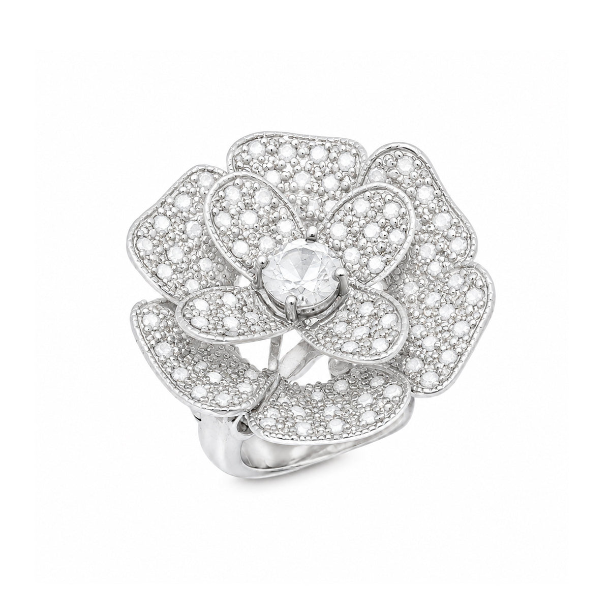 Liquidación - Anillo de flores con pavé de circonitas cúbicas negras o transparentes chapado en rodio y rodio negro - STR00521BLK