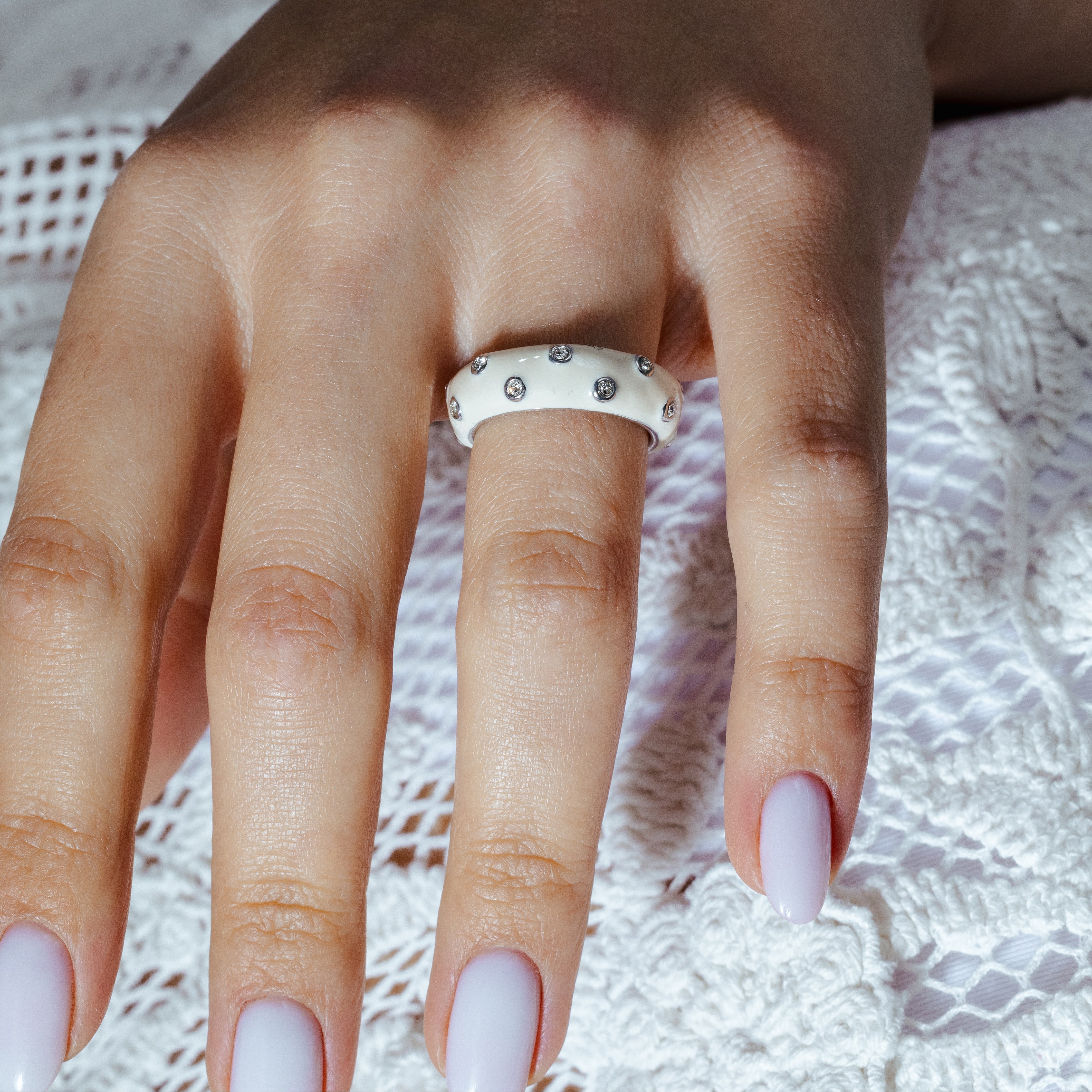 Clearance-Silver 925 Rhodium Plated White Enamel CZ Dot Ring - STR00680