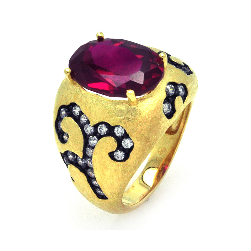Closeout-Silver 925 Black Rhodium and Gold Plated Red Center and Clear CZ Cigar Band Ring - STR00856