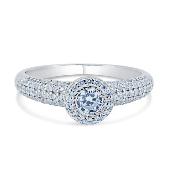 Rhodium Plated 925 Sterling Silver  Halo Micro Pave Engagement CZ Encrusted Ring - STR01168