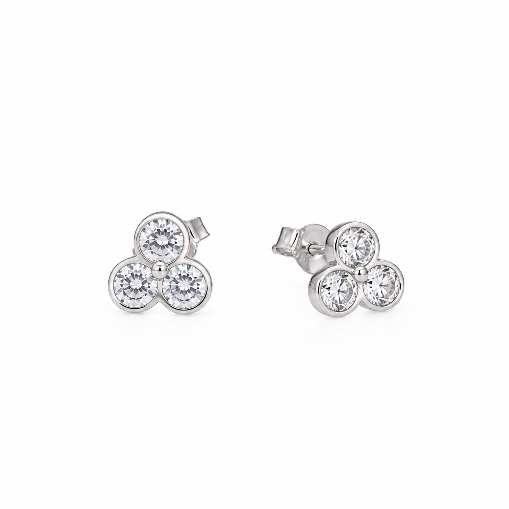 Rhodium Plated 925 Silver Trefoil CZ Stud Earring and Necklace Set - STS00013