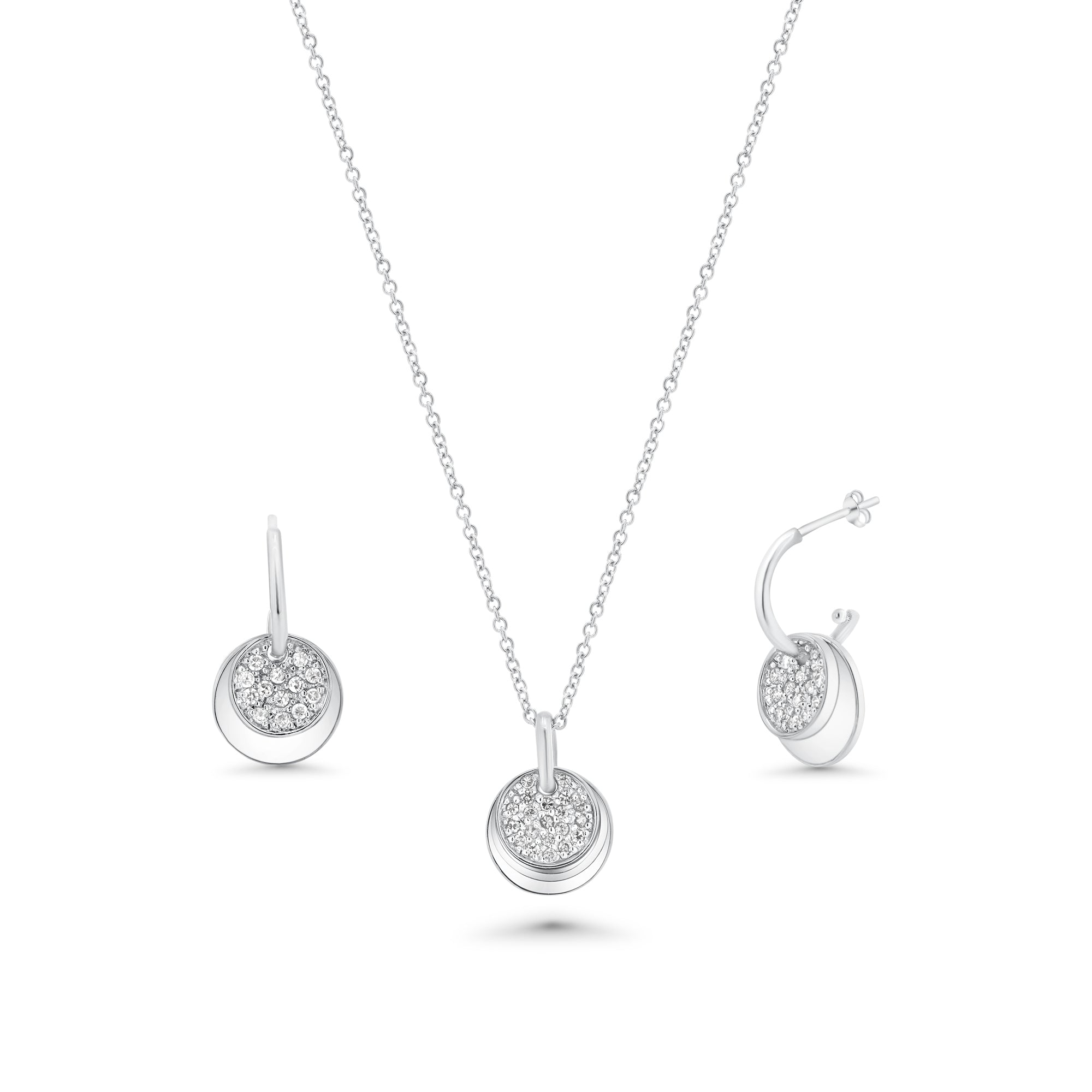 Clearance-Silver 925 Rhodium Plated Micro Pave Oval Circle CZ Dangling Hook Earring and Necklace Set - STS00034
