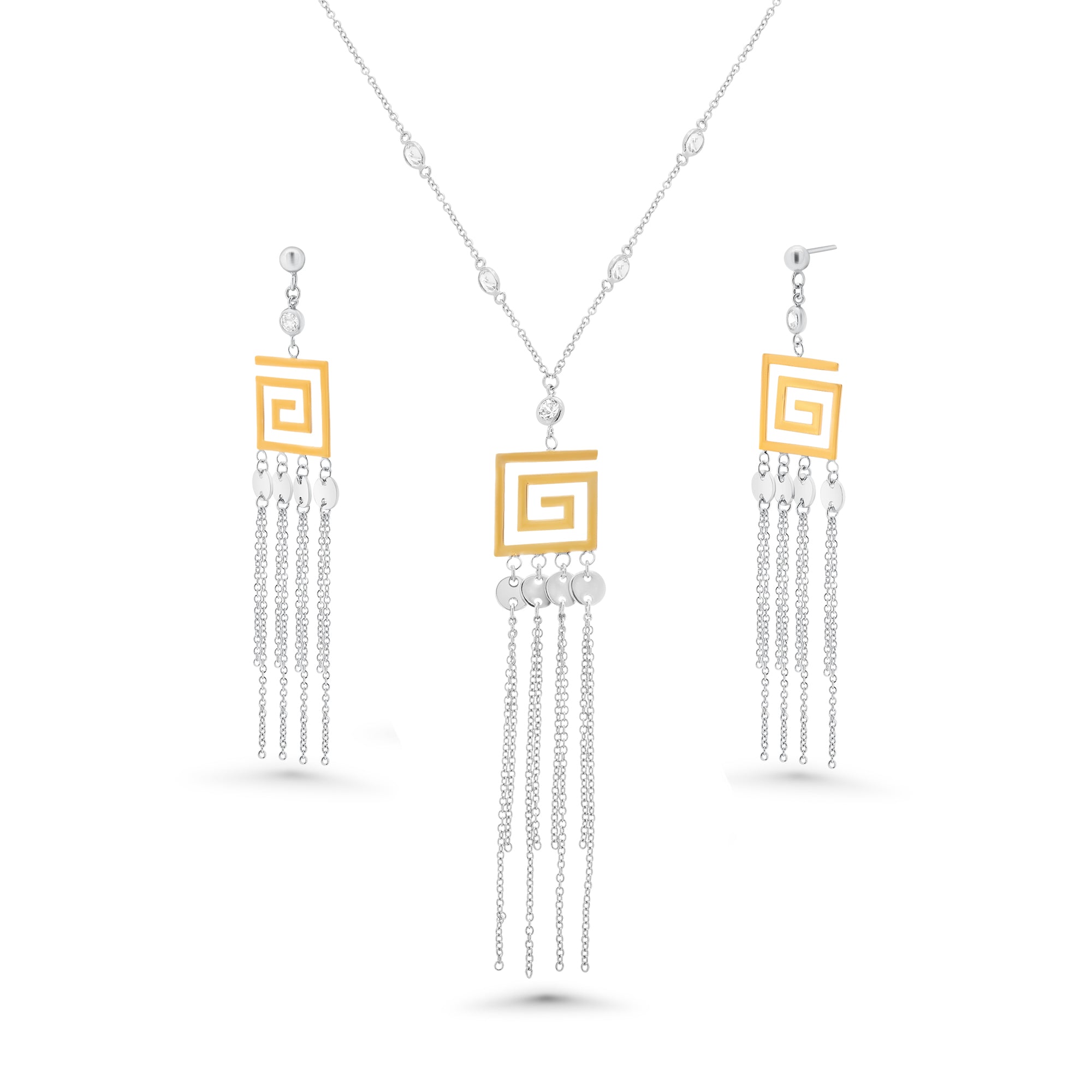 Clearance-Gold & Rhodium plated 925 Sterling Silver Greek Key Multi Strand Dangle Earring and Pendant set- STS00071