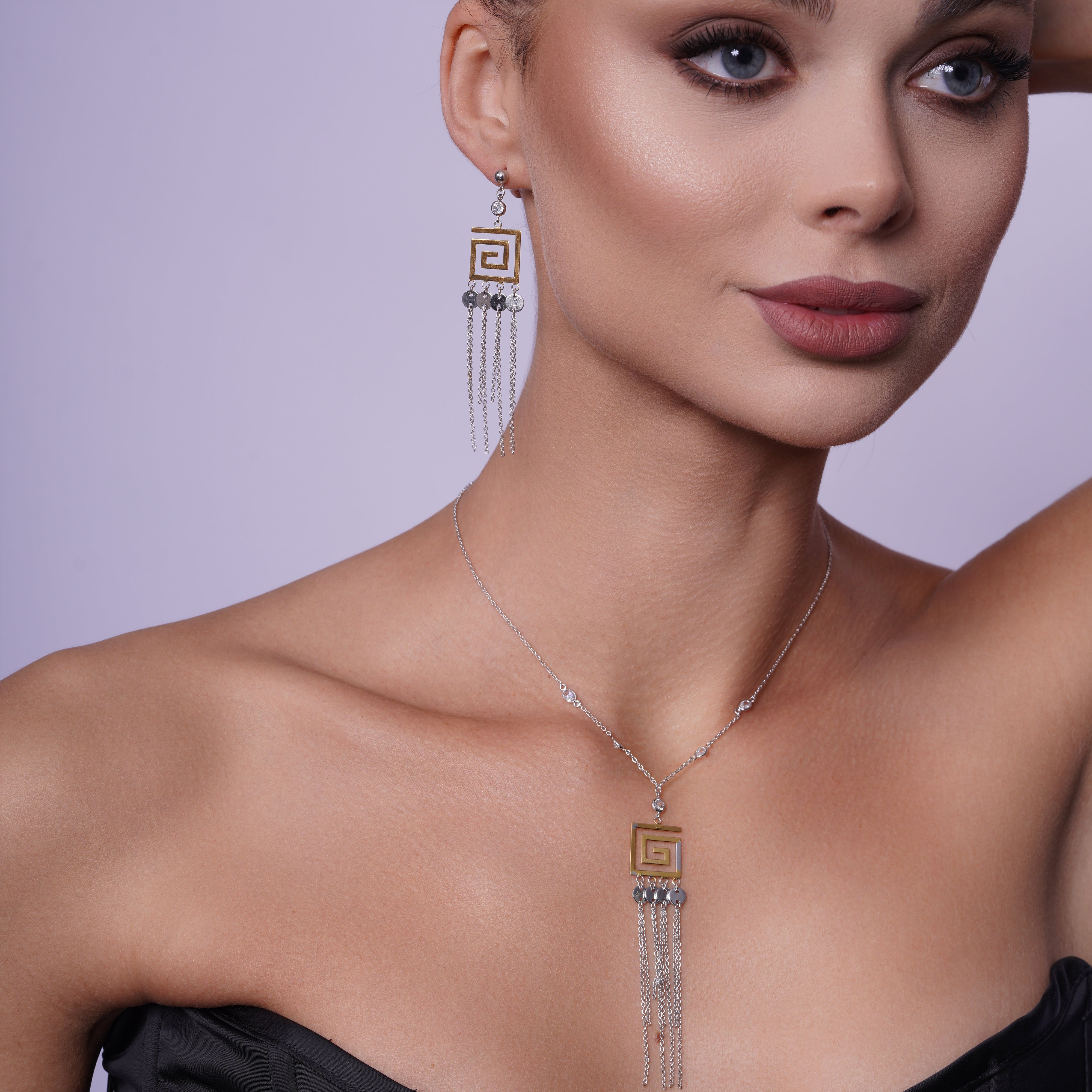 Clearance-Gold & Rhodium plated 925 Sterling Silver Greek Key Multi Strand Dangle Earring and Pendant set- STS00071