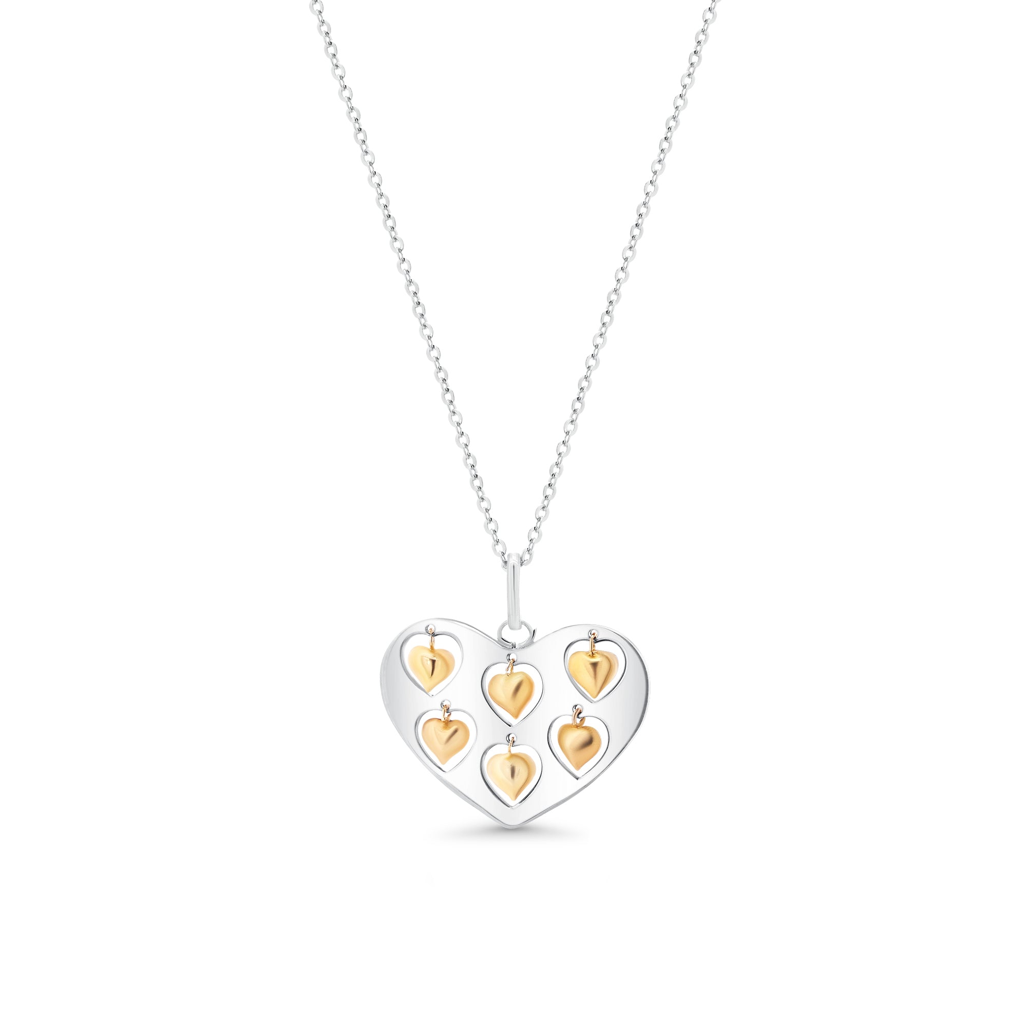 Clearance-Two-Tone 925 Sterling Silver Heart Necklace and Earrings Set with Mini Dangling Hearts - STS00072