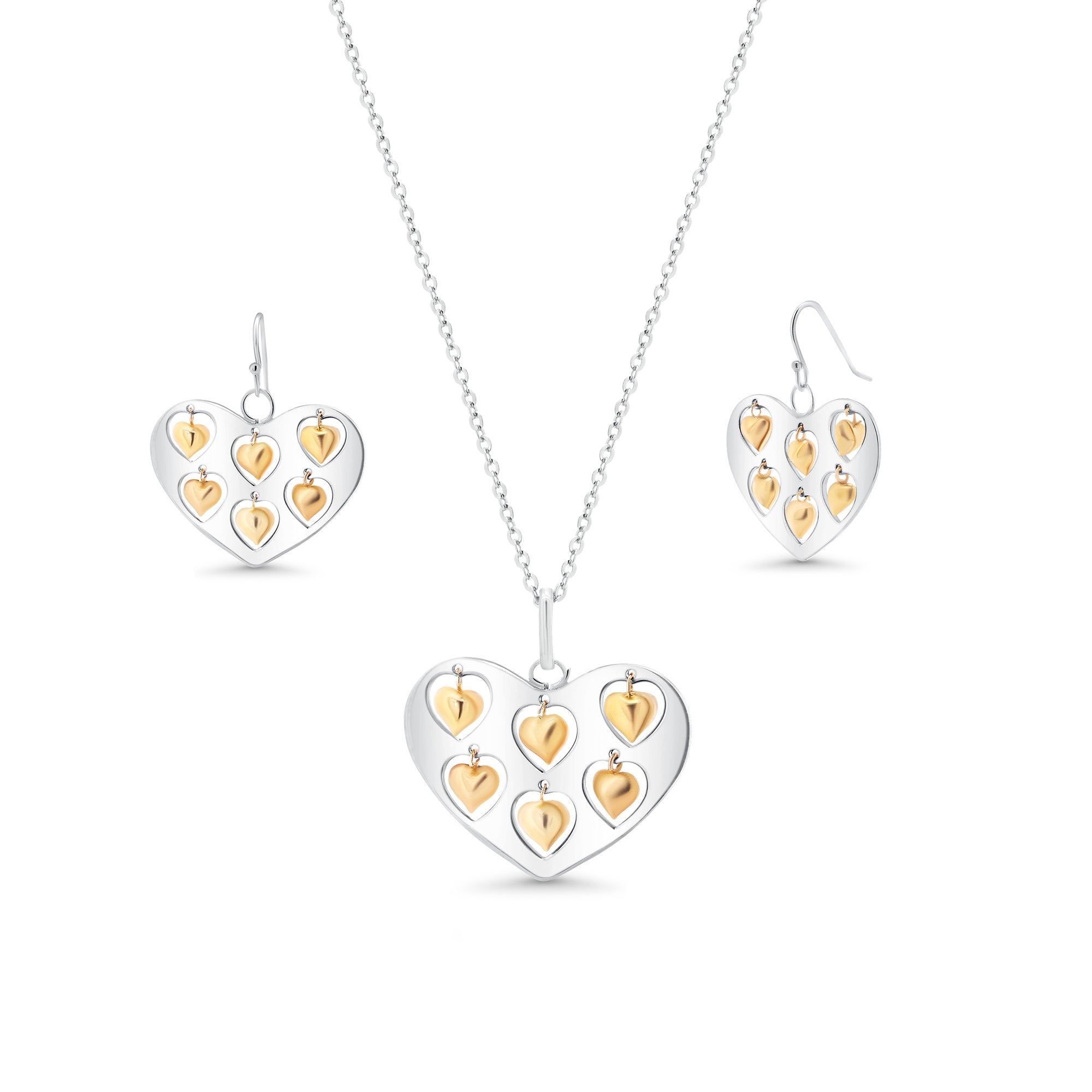 Clearance-Two-Tone 925 Sterling Silver Heart Necklace and Earrings Set with Mini Dangling Hearts - STS00072