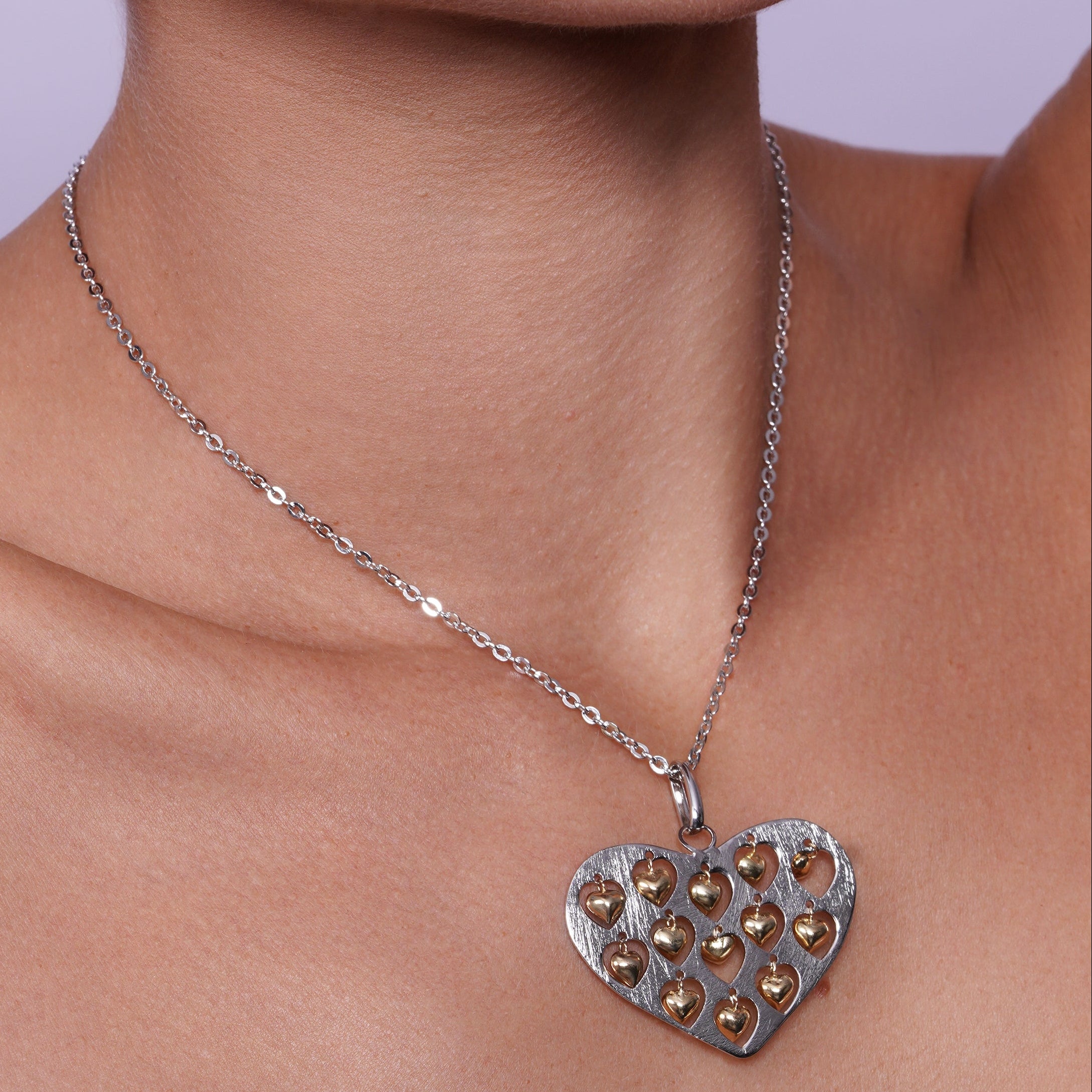 Clearance-Rhodium Plated 925 Sterling Silver Large Heart Pendant and Small Heart Earrings Set with Heart Charms - STS00075