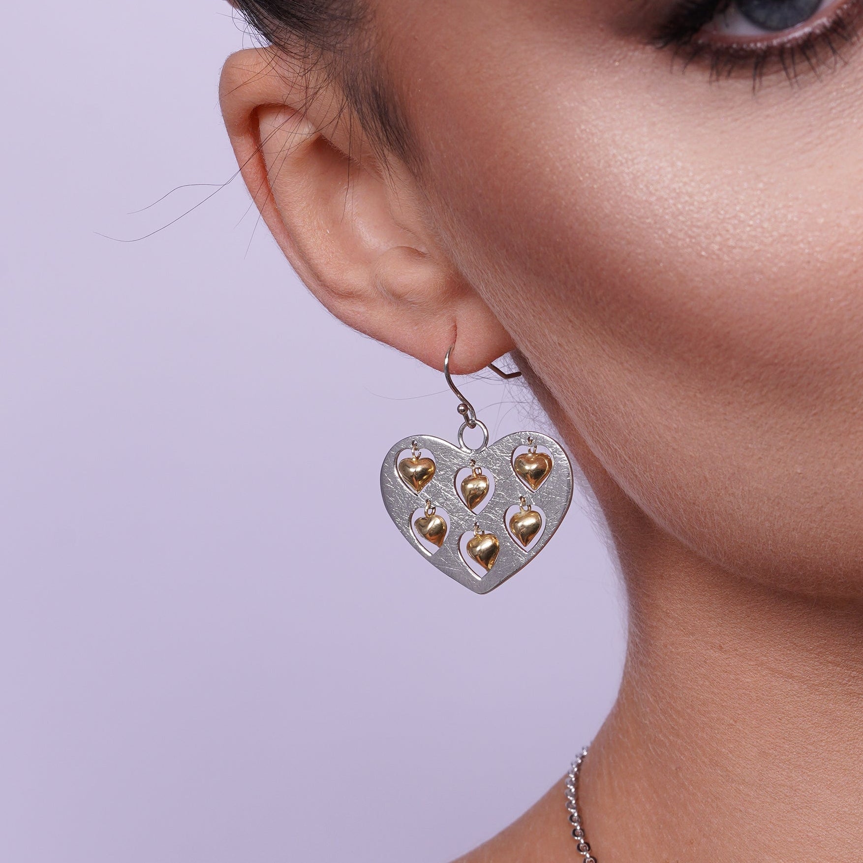 Clearance-Two-Tone 925 Sterling Silver Heart Necklace and Earrings Set with Mini Dangling Hearts - STS00072