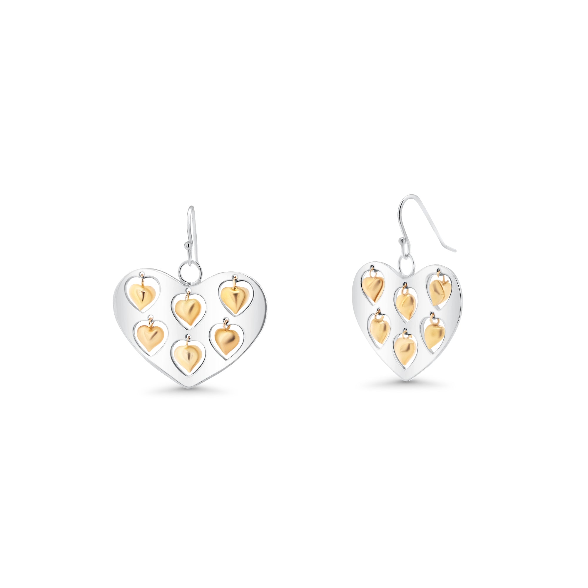 Clearance-Two-Tone 925 Sterling Silver Heart Necklace and Earrings Set with Mini Dangling Hearts - STS00072