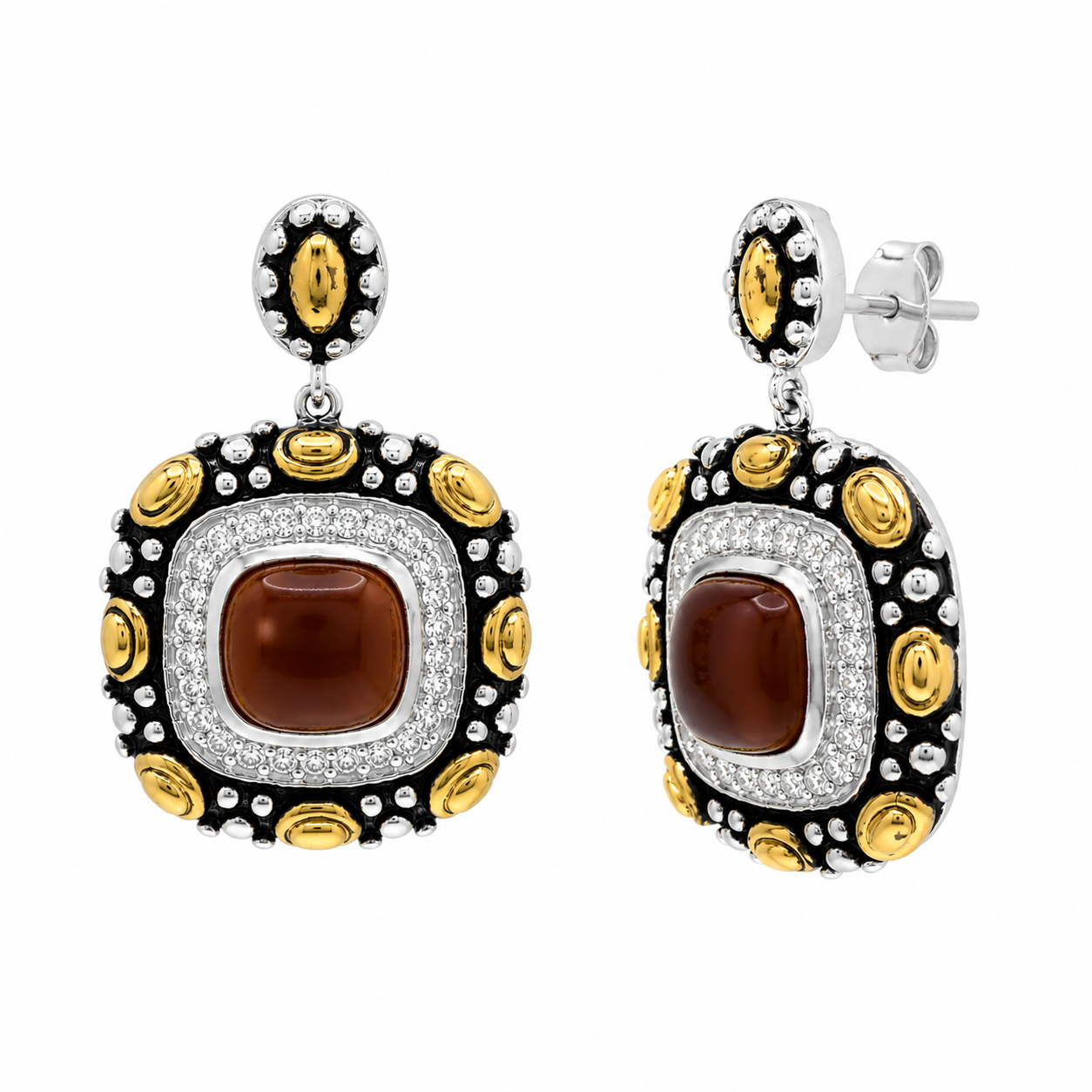 Final Price-Two-Tone Oxidized Brown Stone & CZ Square Pendant and Dangle Earring Jewelry Set- STS00093