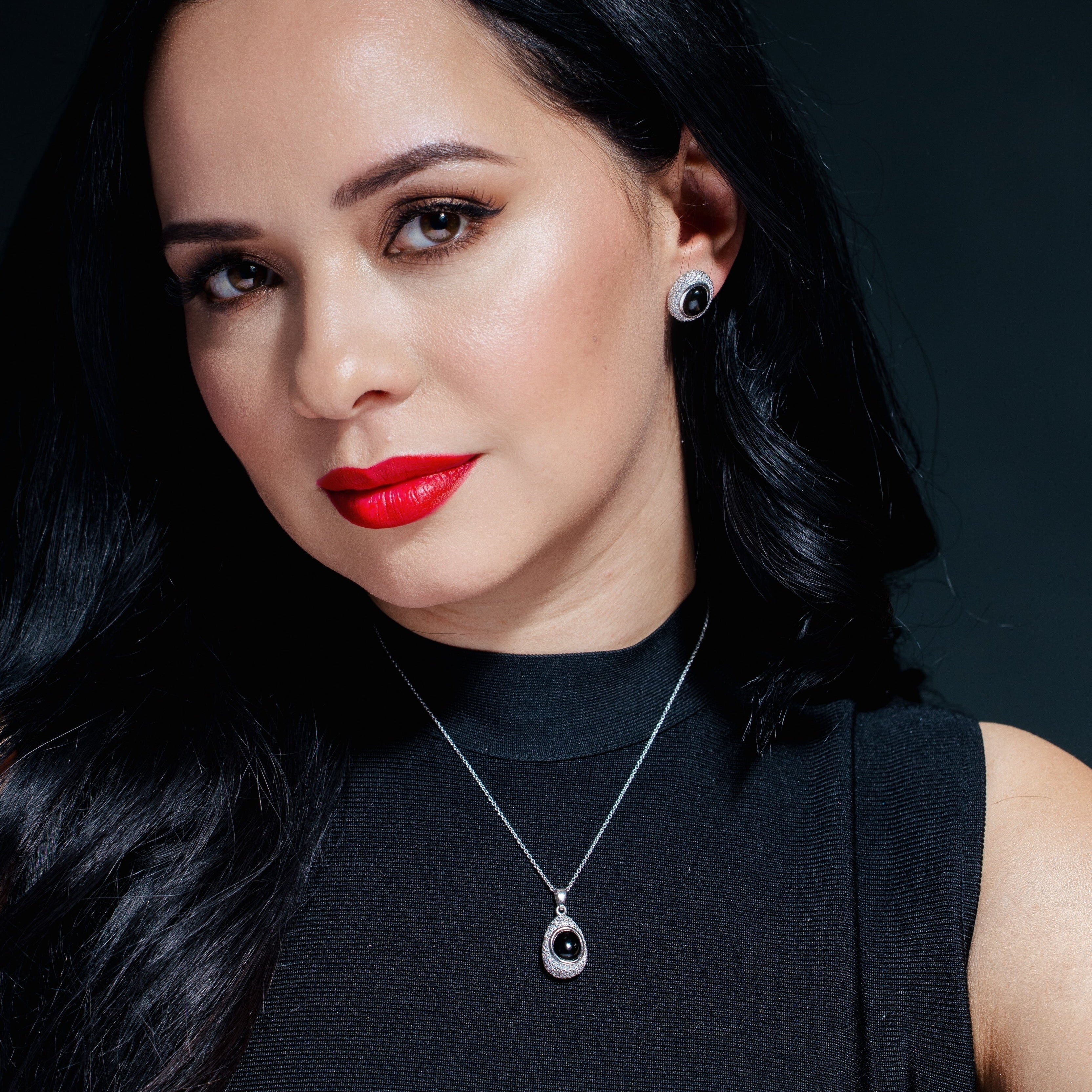 Clearance-Silver 925 Rhodium Plated Round CZ Black Circle Onyx Stud Earring and Necklace Set - STS00125