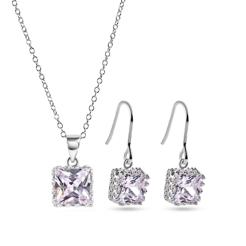 Silver 925 Rhodium Plated Square Clear CZ Hook Dangling Set - STS00135CLR