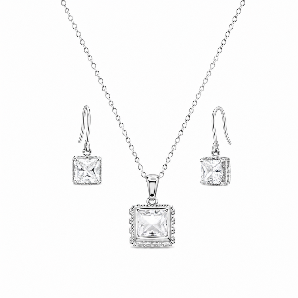 Rhodium Plated 925 Sterling Silver Princess Cut CZ Dangle Earring and Necklace Set- STS00135