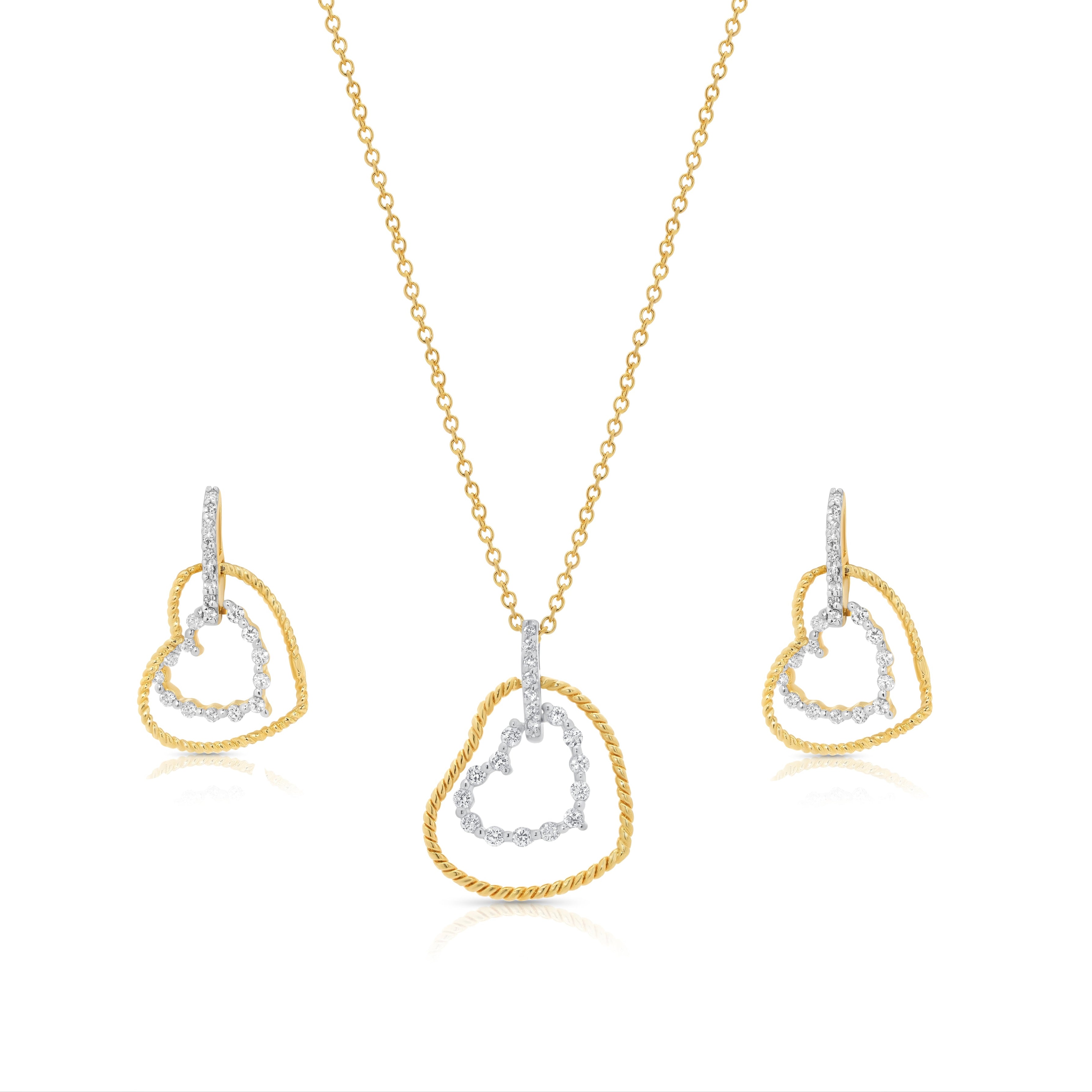 Clearance-Gold Plated 925 Sterling Silver Double Heart Dangle CZ Sets - STS00138