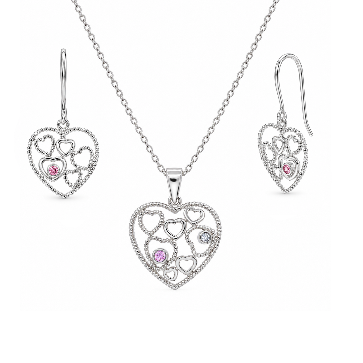 Clearance-Rhodium Plated Open Multi Heart Pink CZ Earring and Necklace Set - STS00143