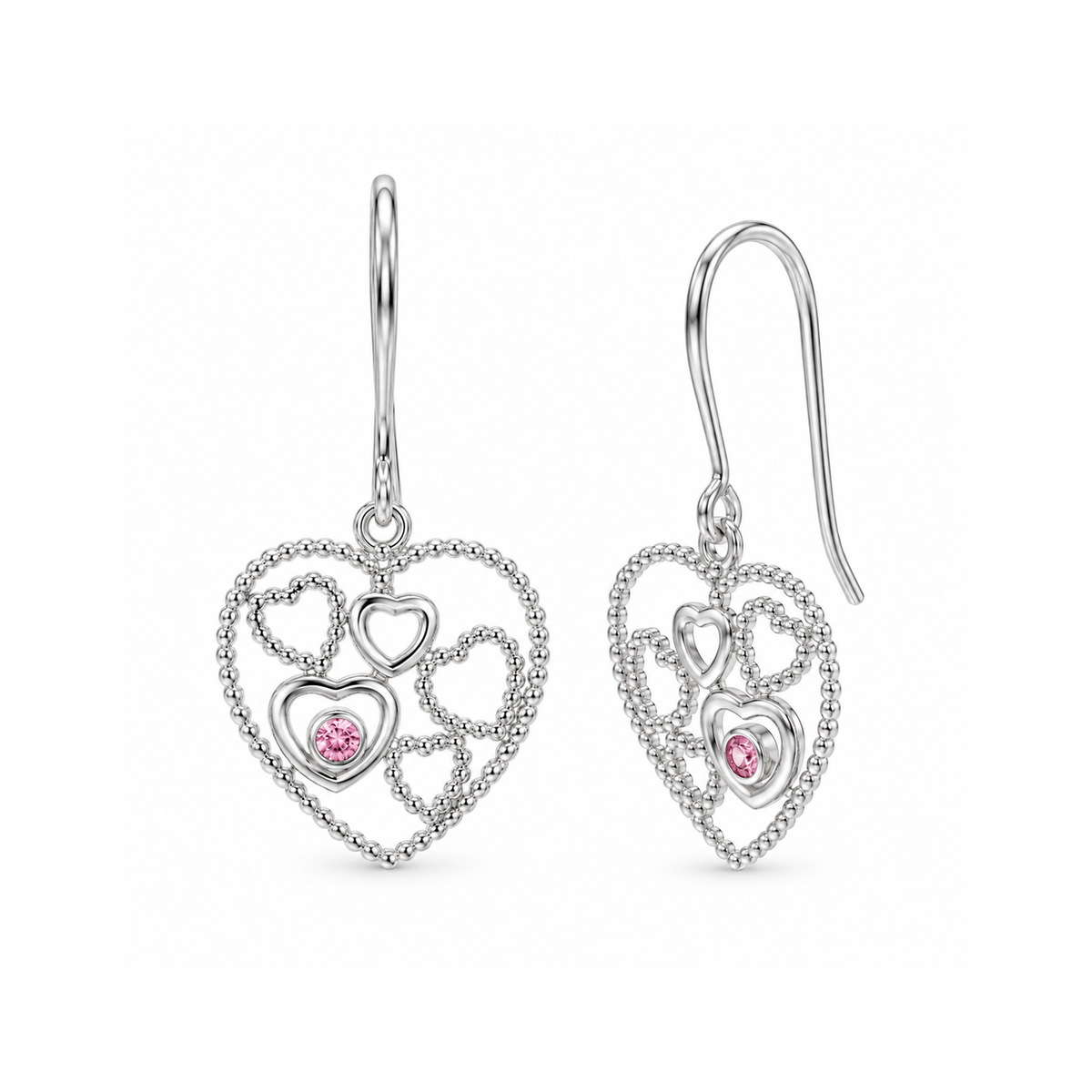 Clearance-Rhodium Plated Open Multi Heart Pink CZ Earring and Necklace Set - STS00143
