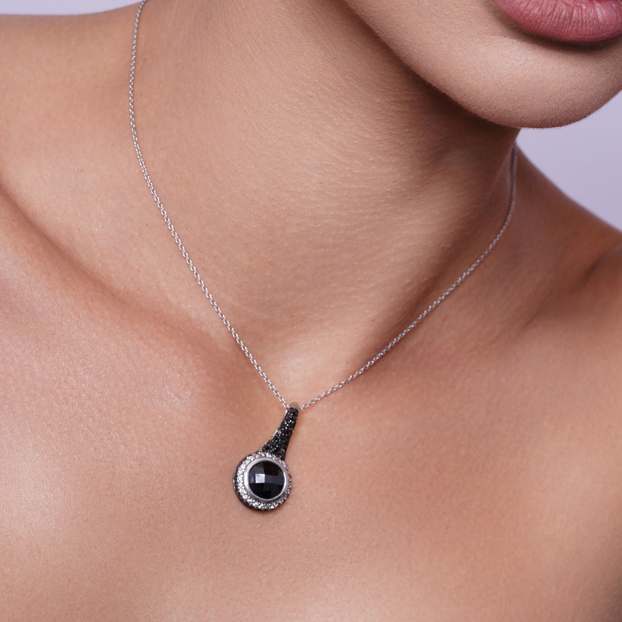 Clearance-Silver Black and Rhodium Plated Round CZ Hook Earring and Necklace Set - STS00185