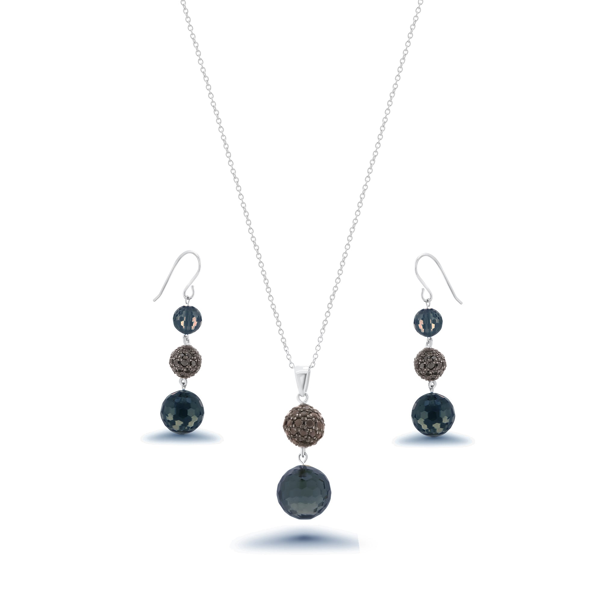 Liquidación - Conjunto de aretes y collar colgantes de gancho con circonitas cúbicas redondas multicolores, en plata negra y rodiada - STS00188