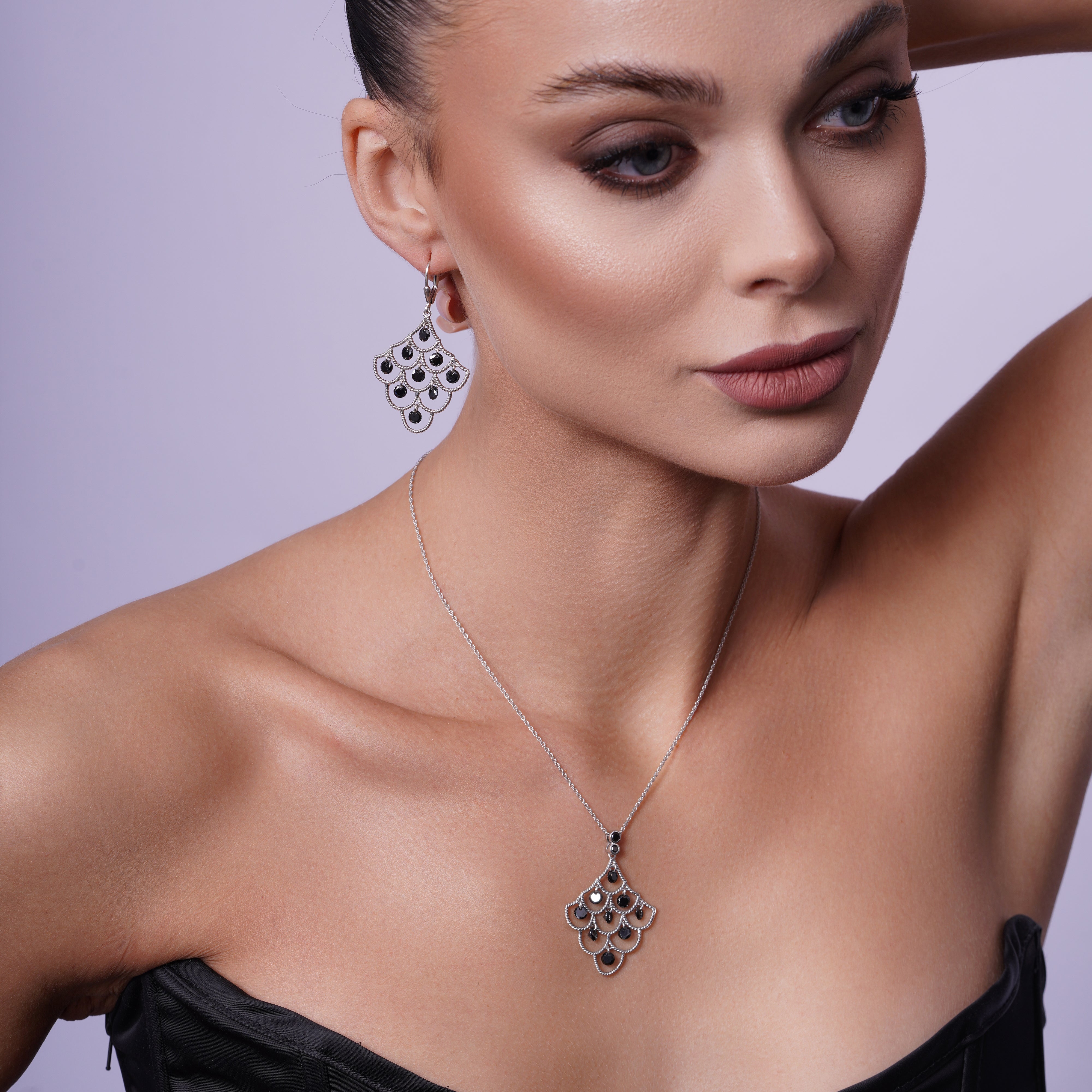Clearance-Silver 925 Rhodium Plated Black White Enamel CZ Chandelier Dangling Earring and Necklace Set - STS00193