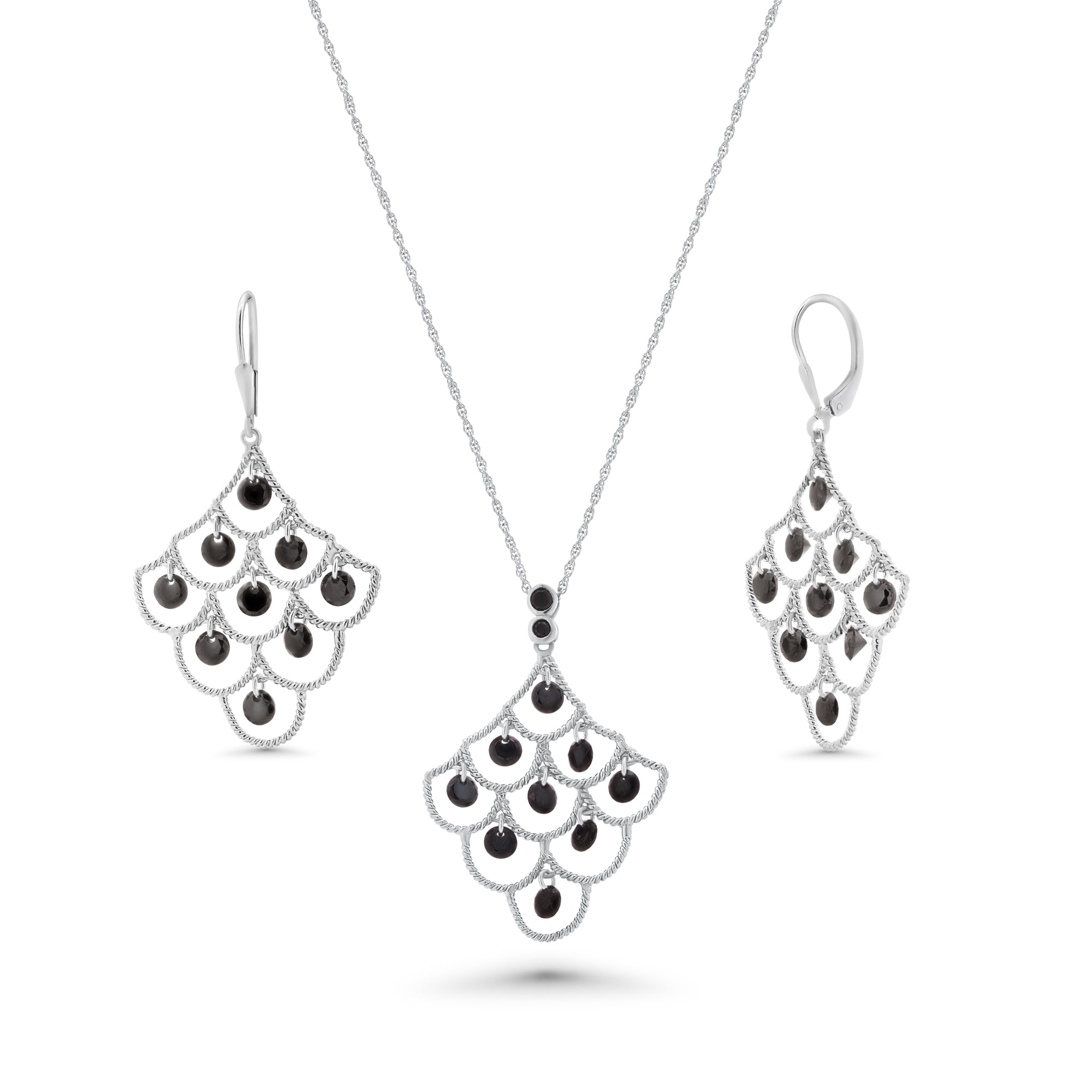 Clearance-Silver 925 Rhodium Plated Black White Enamel CZ Chandelier Dangling Earring and Necklace Set - STS00193