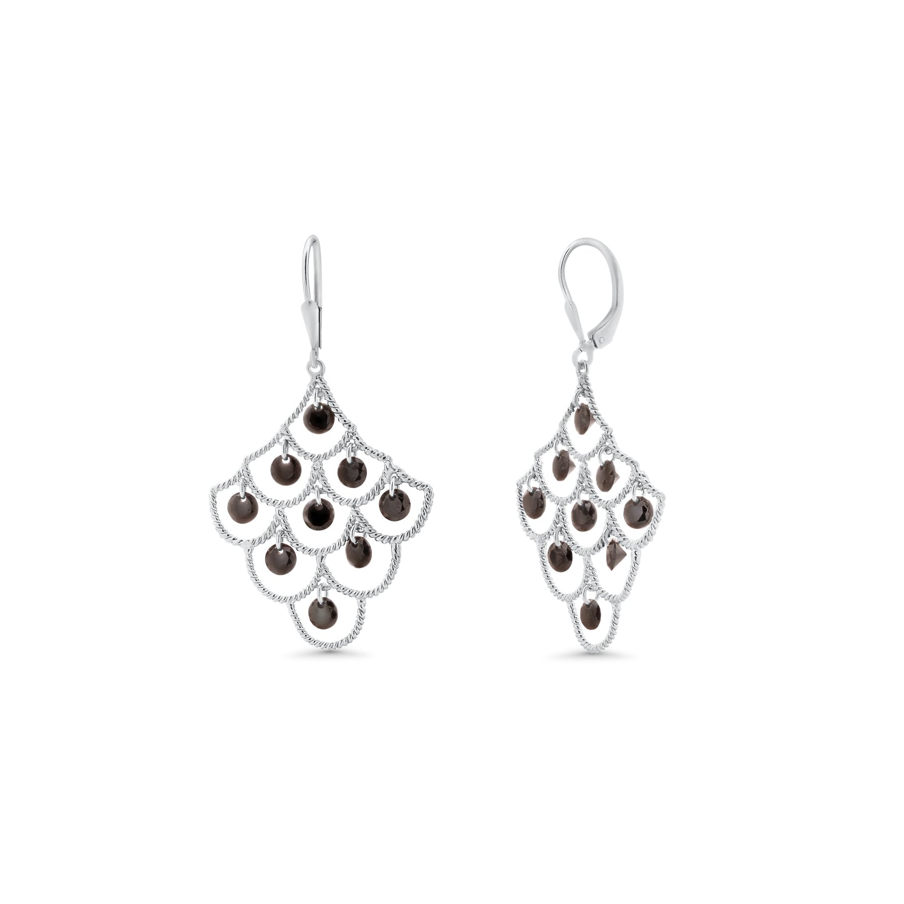 Clearance-Silver 925 Rhodium Plated Black White Enamel CZ Chandelier Dangling Earring and Necklace Set - STS00193