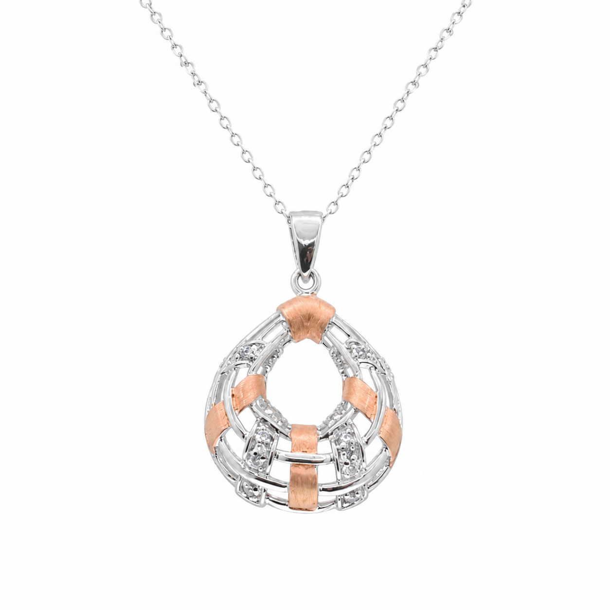 Final Price-Two Tone Plated 925 Sterling Silver Accented CZ Teardrop Pendant & Earring Jewelry Set- STS00201