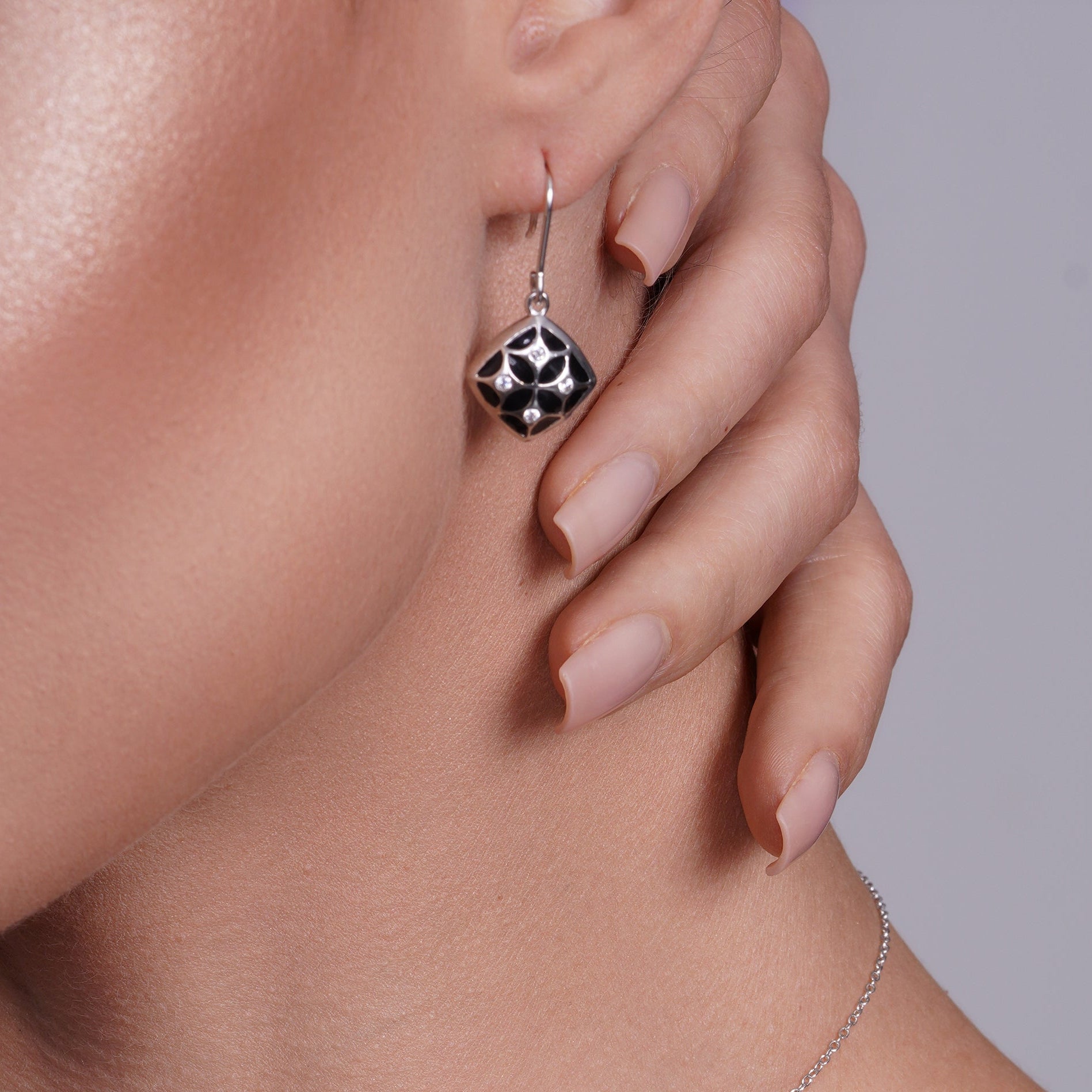 Clearance-Silver 925 Rhodium Plated Square Antique Design CZ Dangling Hook Earring and Necklace Set - STS00225